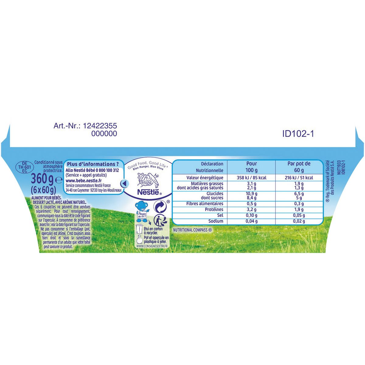 NESTLE P'tit brassé pot dessert lacté nature sucré dès 4 mois 6x60g