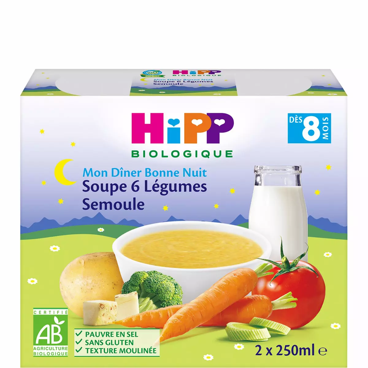 HIPP Mon dîner soupe 6 légumes semoule bio dès 8 mois 2x250ml