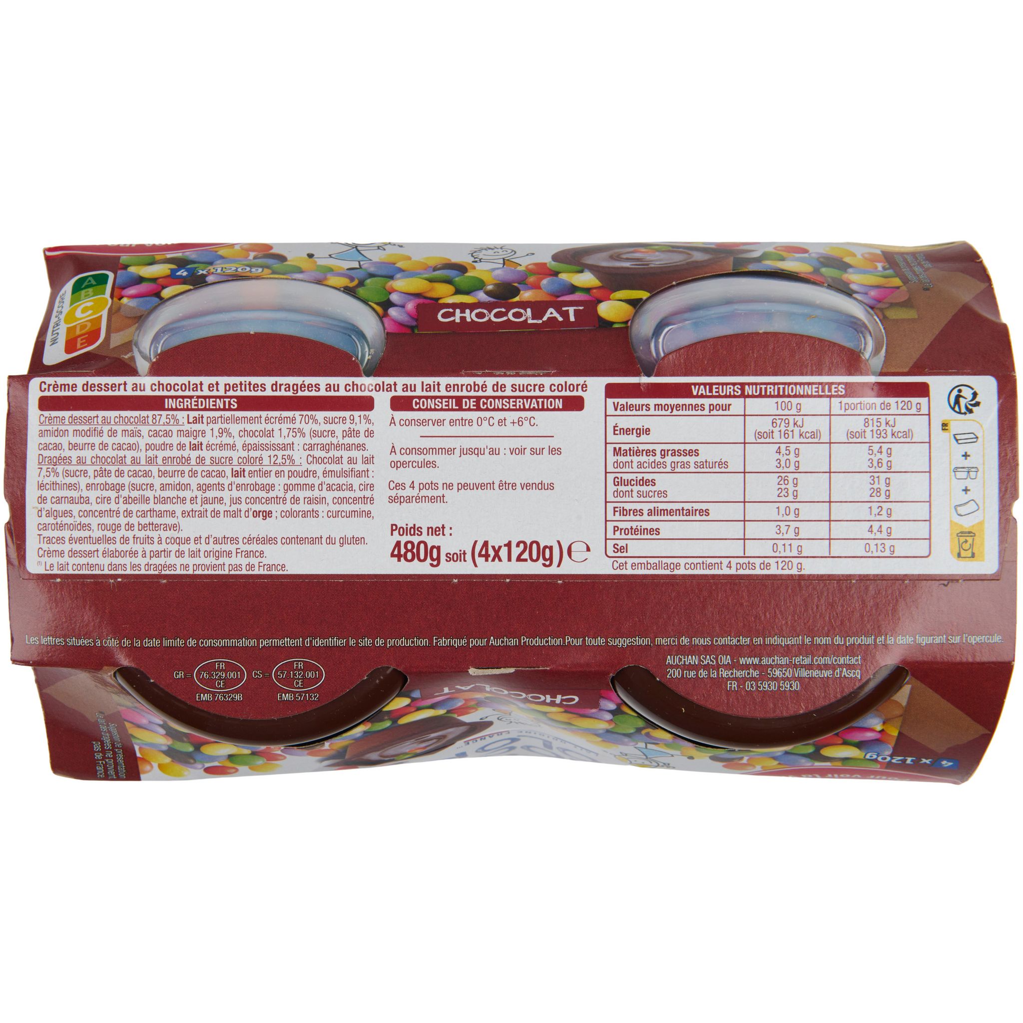 Voir la diapositive 3 : AUCHAN Choco' Color - Crème dessert au chocolat et billes croustillantes 4x120g