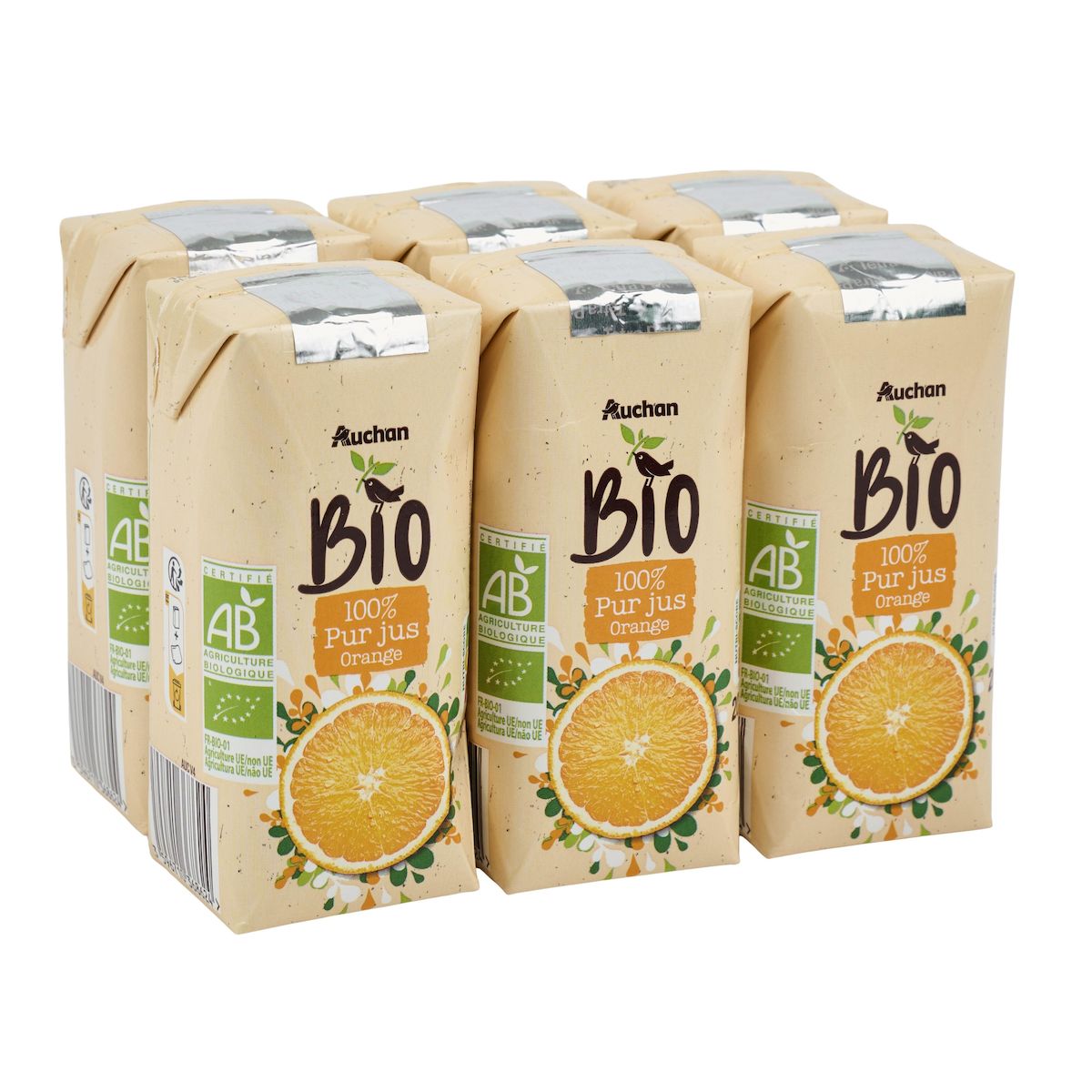AUCHAN BIO Pur jus d'orange bio briquettes 6x20cl