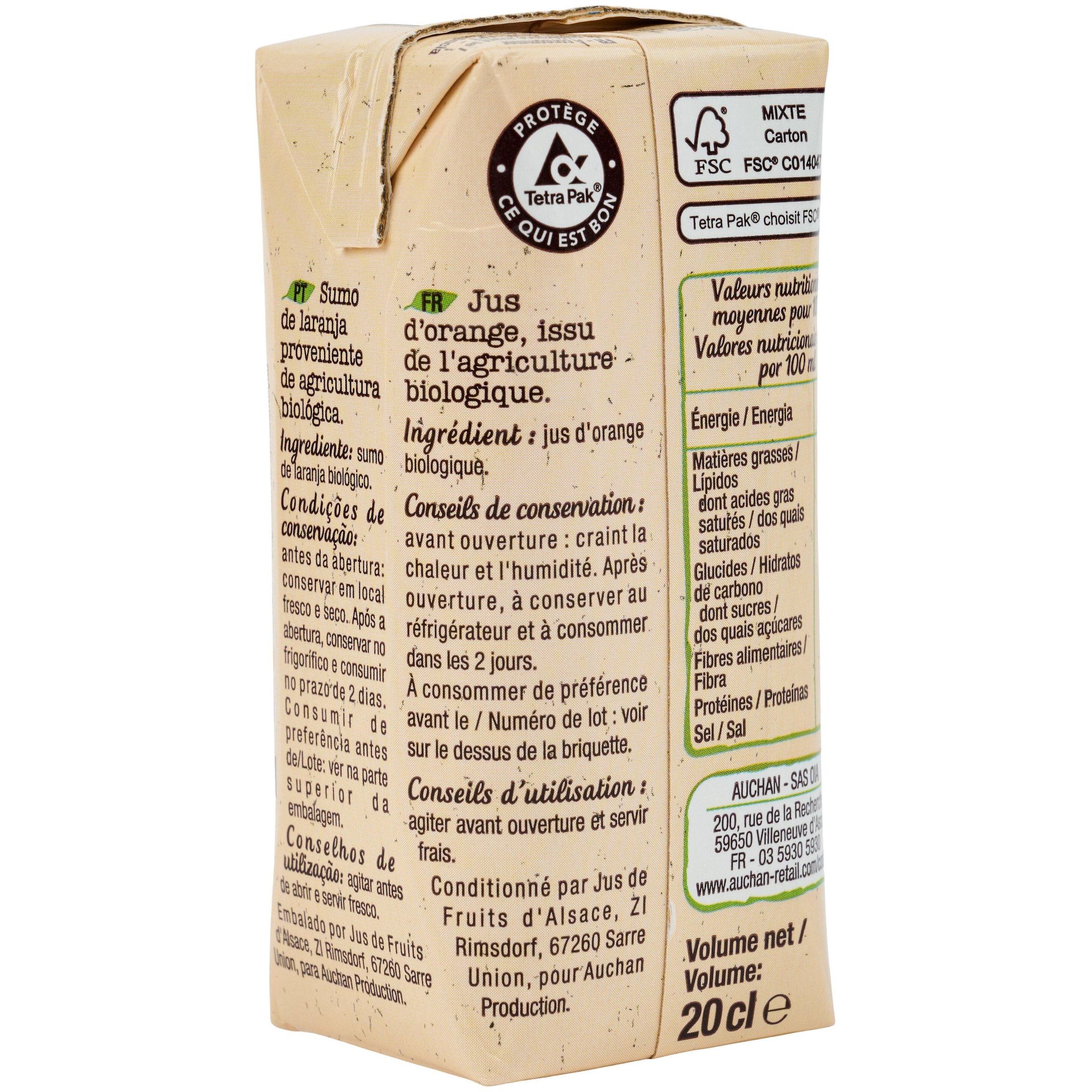 Voir la diapositive 3 : AUCHAN BIO Pur jus d'orange bio briquettes 6x20cl