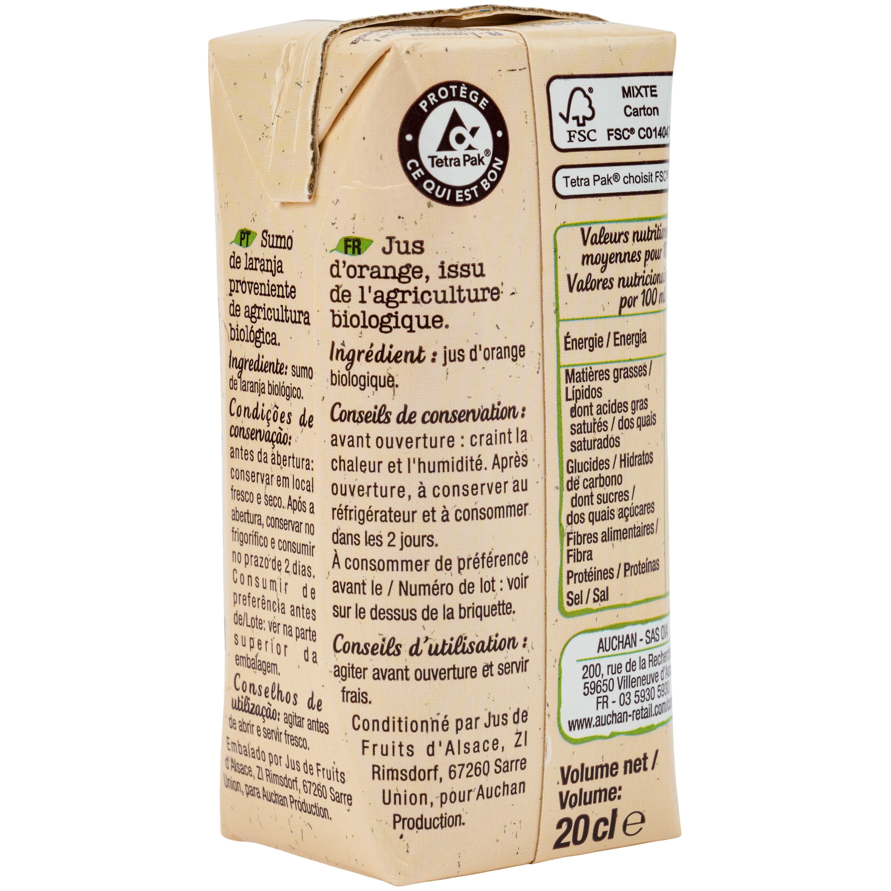 Voir la diapositive 4 : AUCHAN BIO Pur jus d'orange bio briquettes 6x20cl