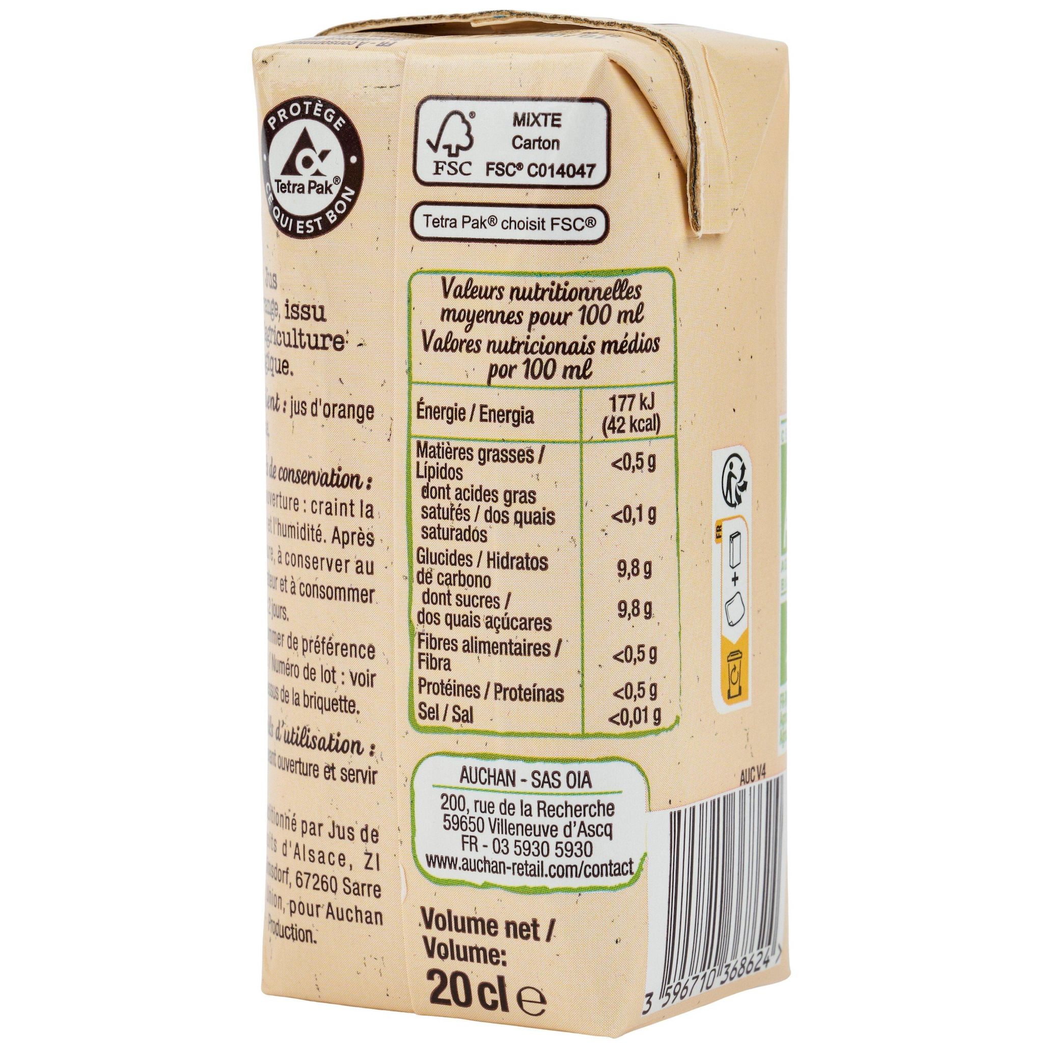 Voir la diapositive 4 : AUCHAN BIO Pur jus d'orange bio briquettes 6x20cl