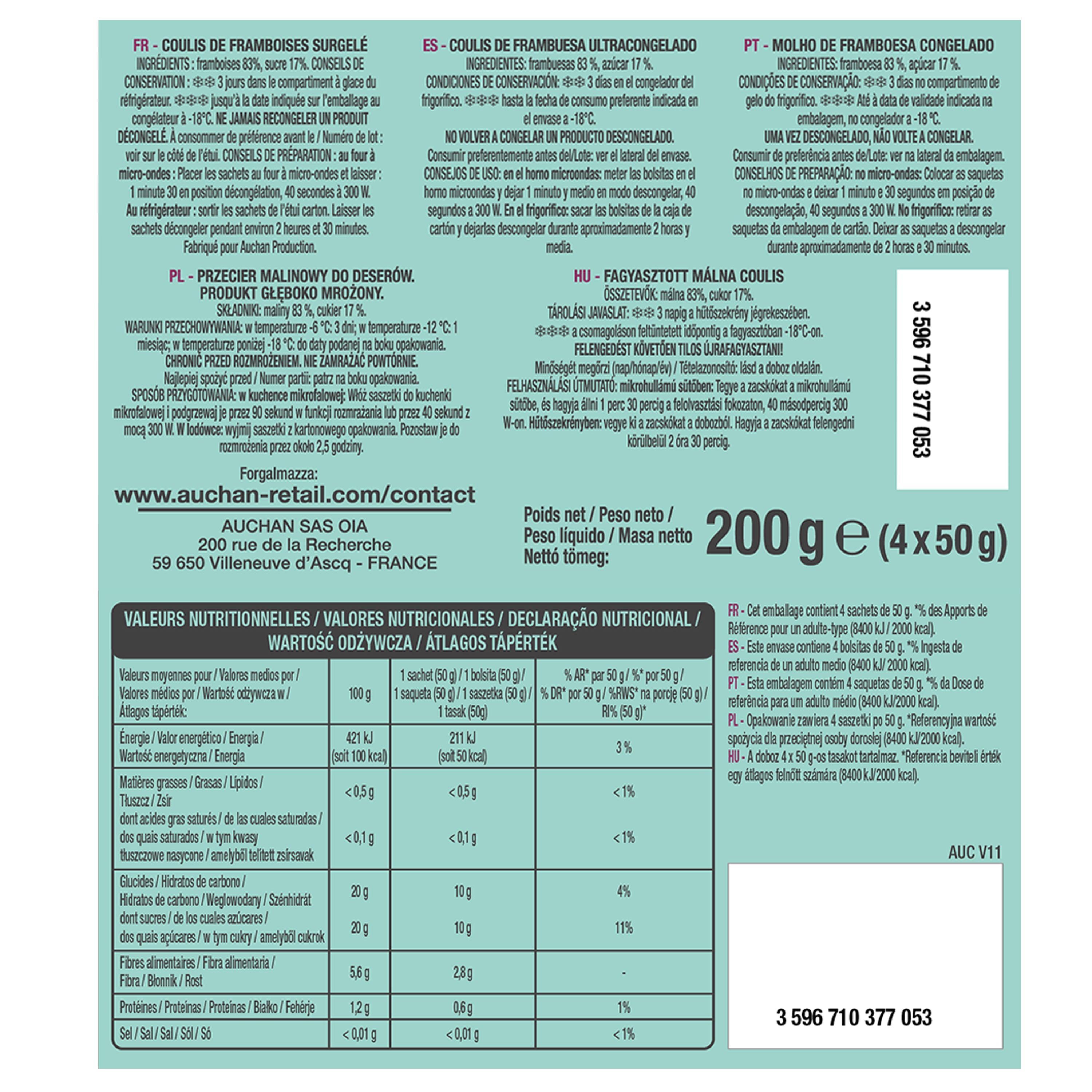 Voir la diapositive 3 : AUCHAN Coulis de framboise 4 sachets 200g
