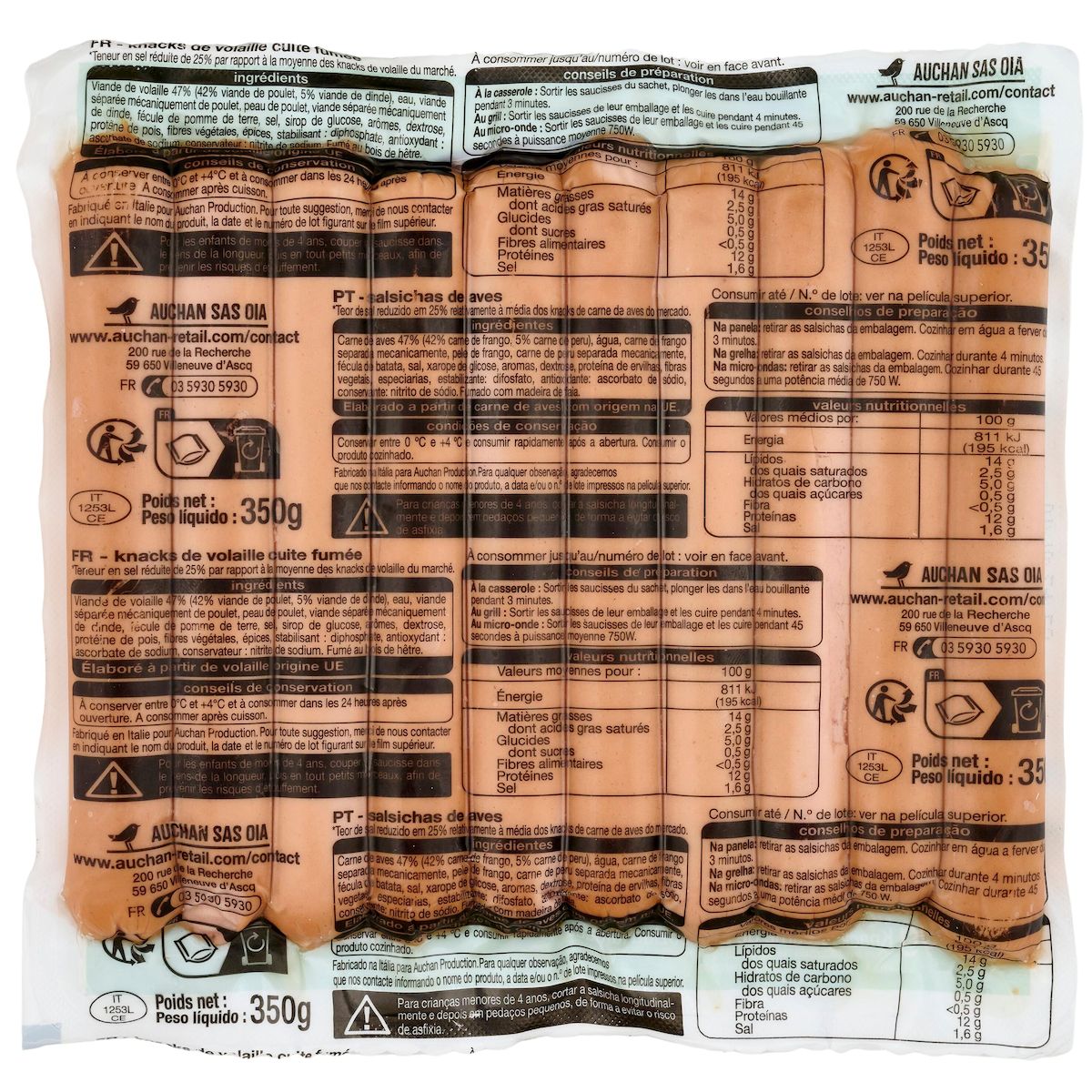 AUCHAN Knacks de volaille réduit en sel 10 pièces 350g