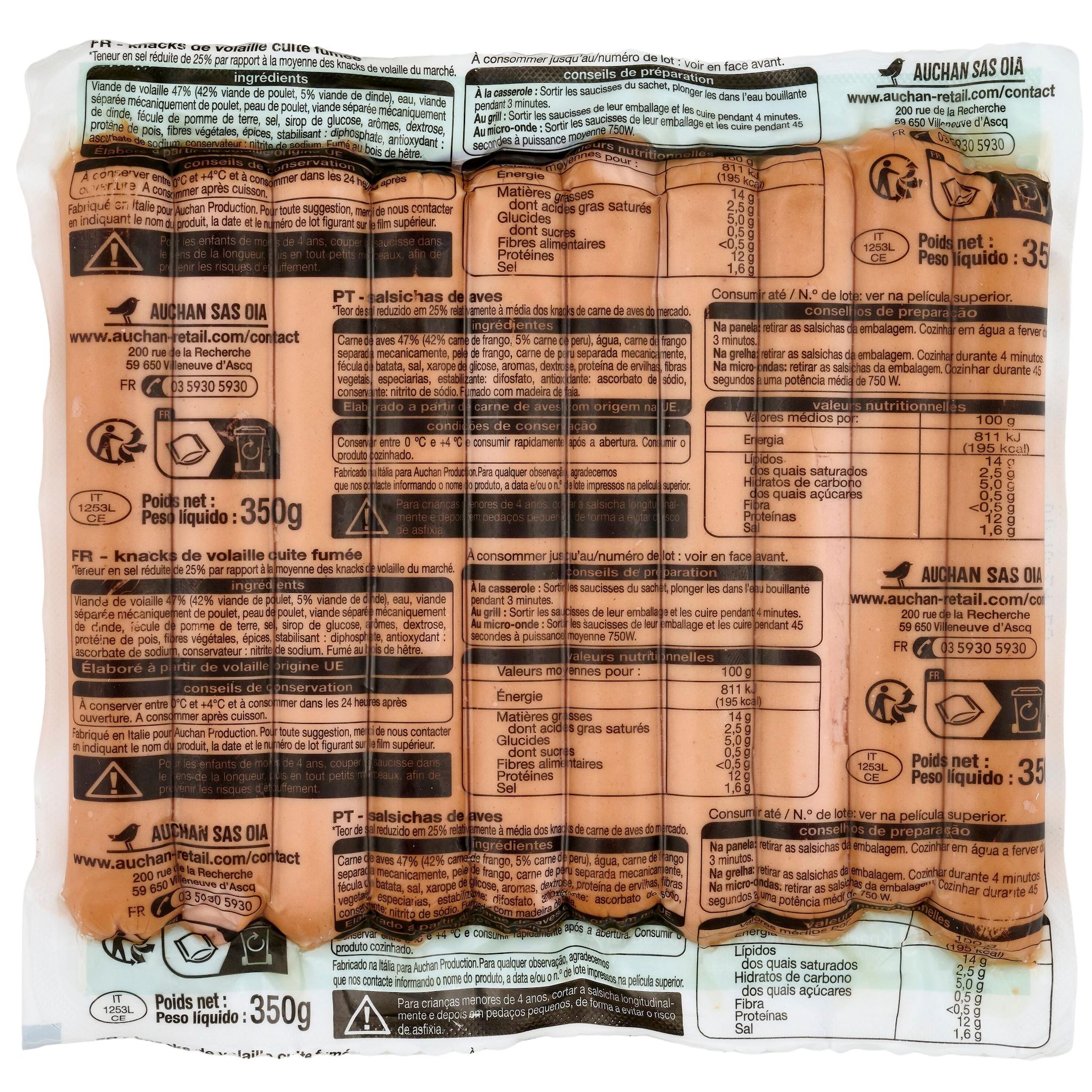 Voir la diapositive 2 : AUCHAN Knacks de volaille réduit en sel 10 pièces 350g