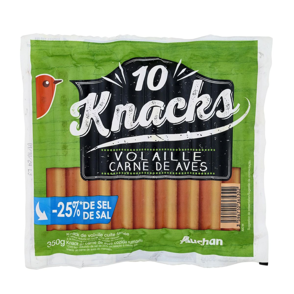 AUCHAN Knacks de volaille réduit en sel 10 pièces 350g