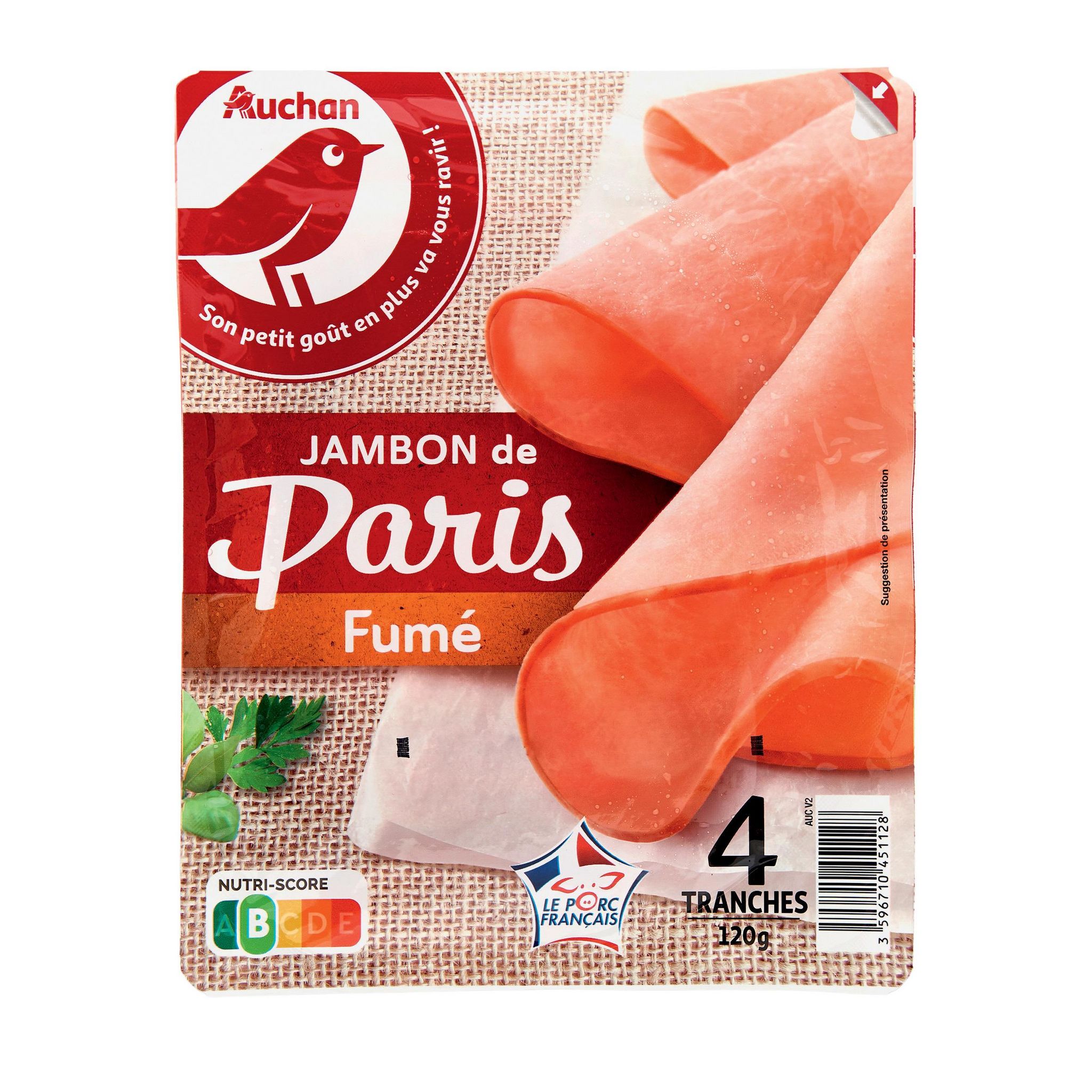 Voir la diapositive 2 : AUCHAN Jambon fumé 4 tranches 120g