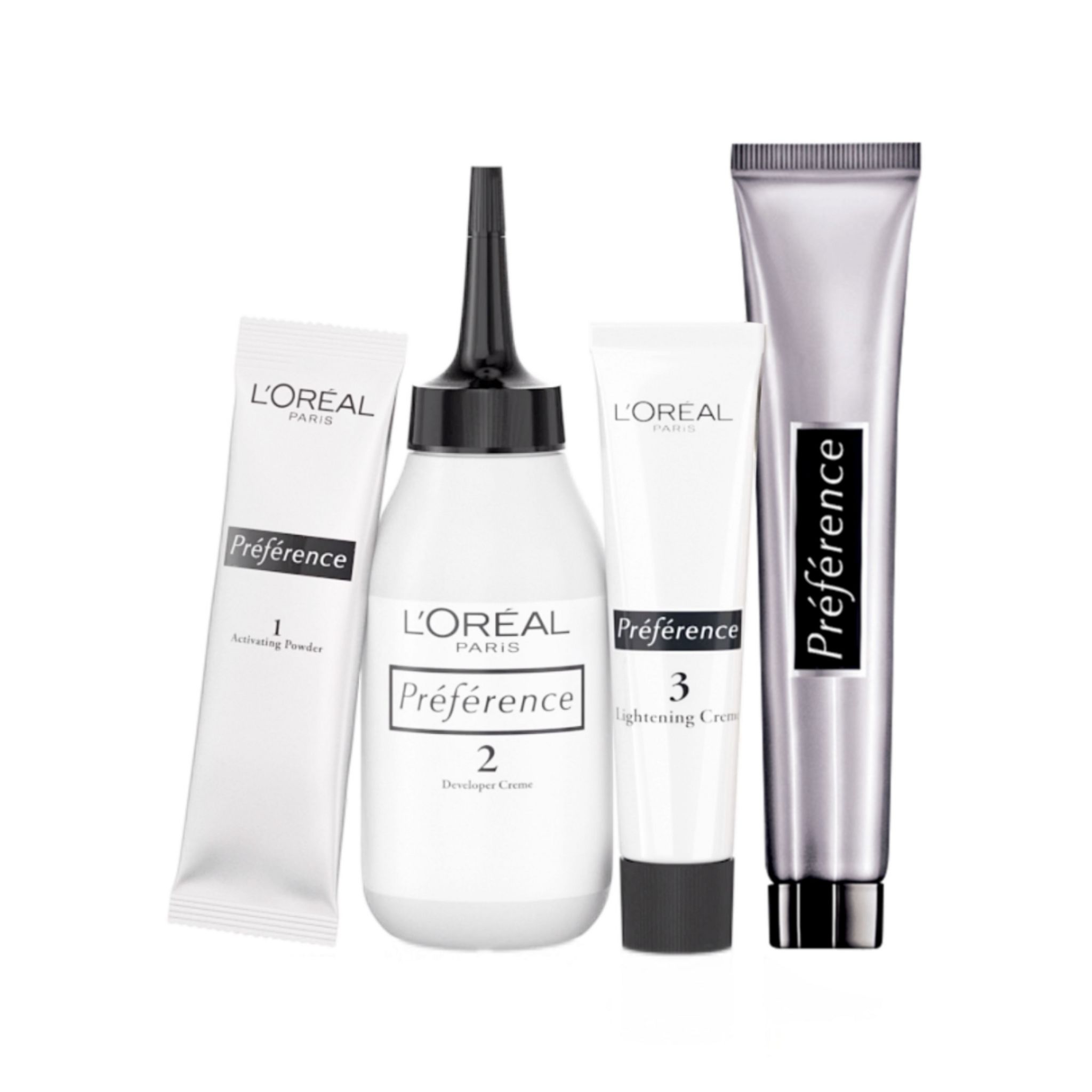 Voir la diapositive 2 : L'OREAL Préférence Décolorant platine absolu et soin déjaunisseur 4 produits 1 kit
