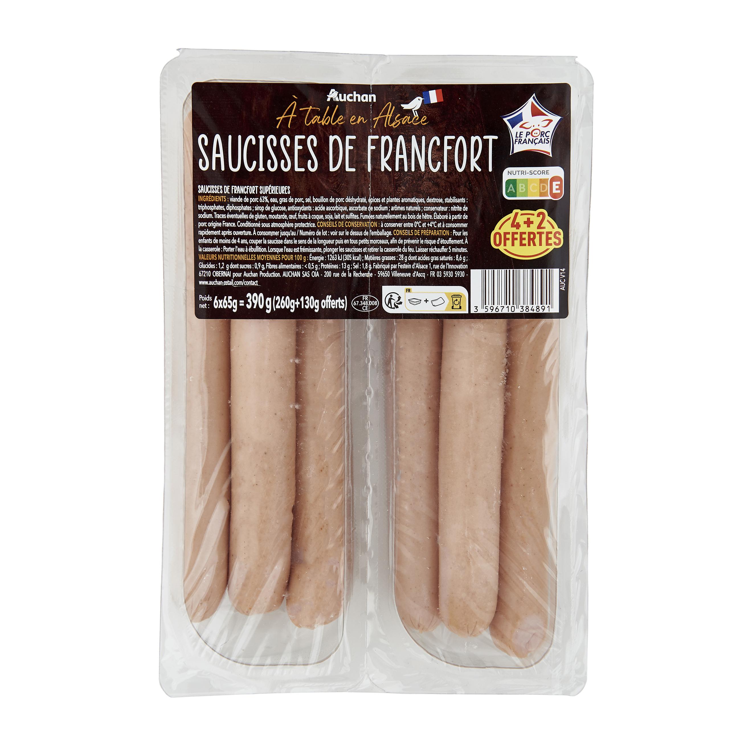 Voir la diapositive 3 : AUCHAN Saucisses de Francfort 4+2 offertes 390g