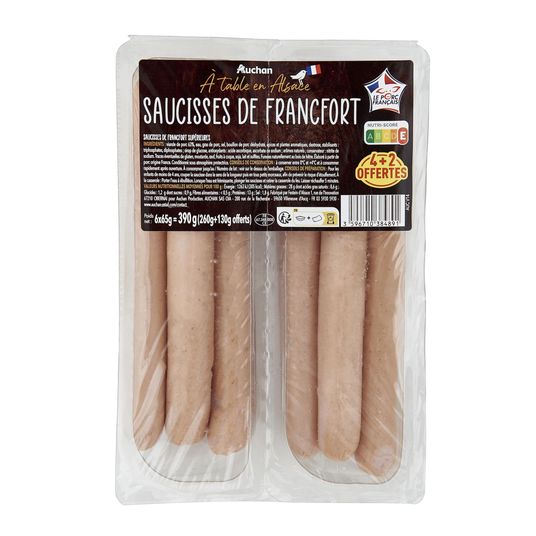 Voir la diapositive 3 : AUCHAN TERROIR Saucisses de Francfort 4+2 offertes 390g