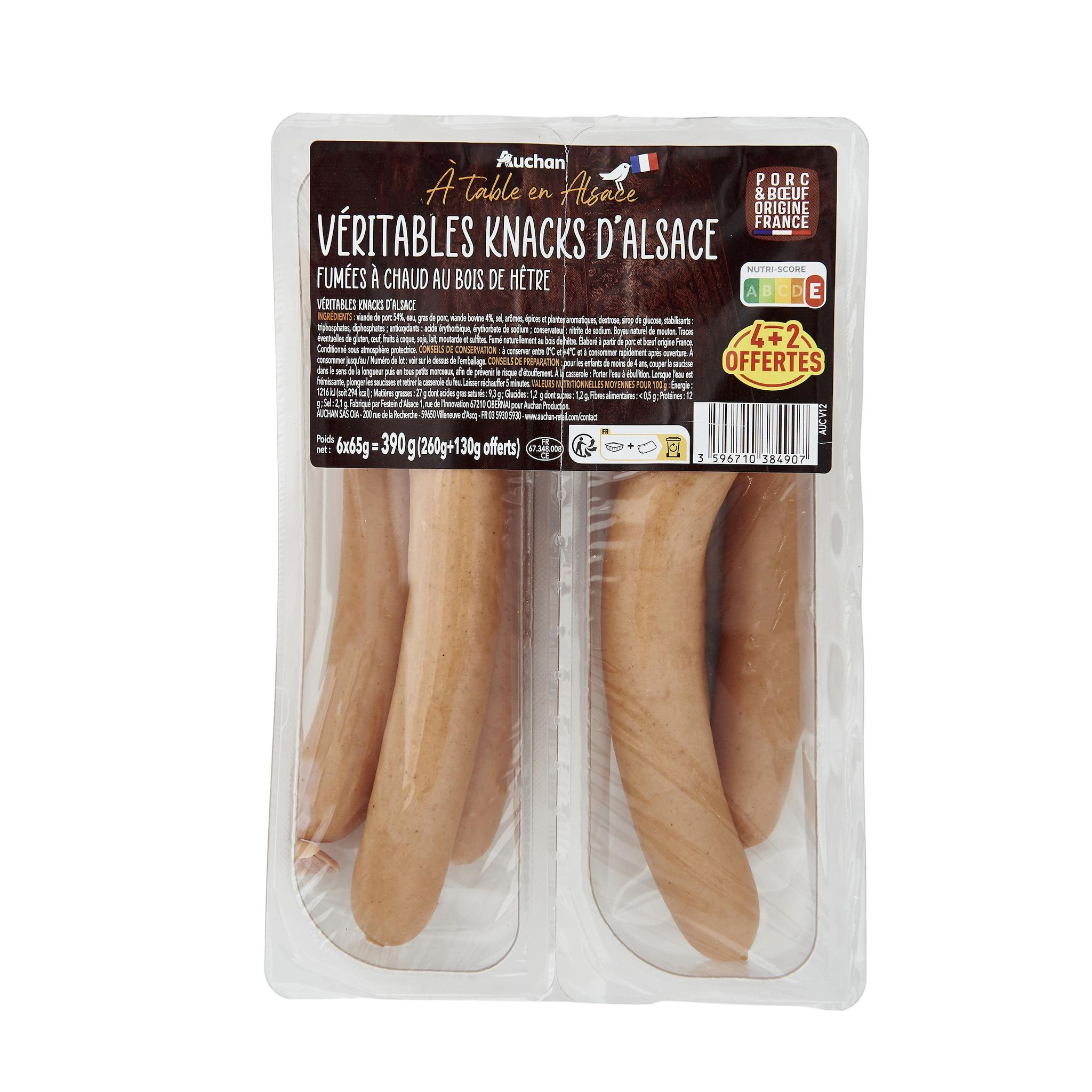 Voir la diapositive 2 : AUCHAN TERROIR Véritables knacks d'Alsace 4+2 offertes 390g