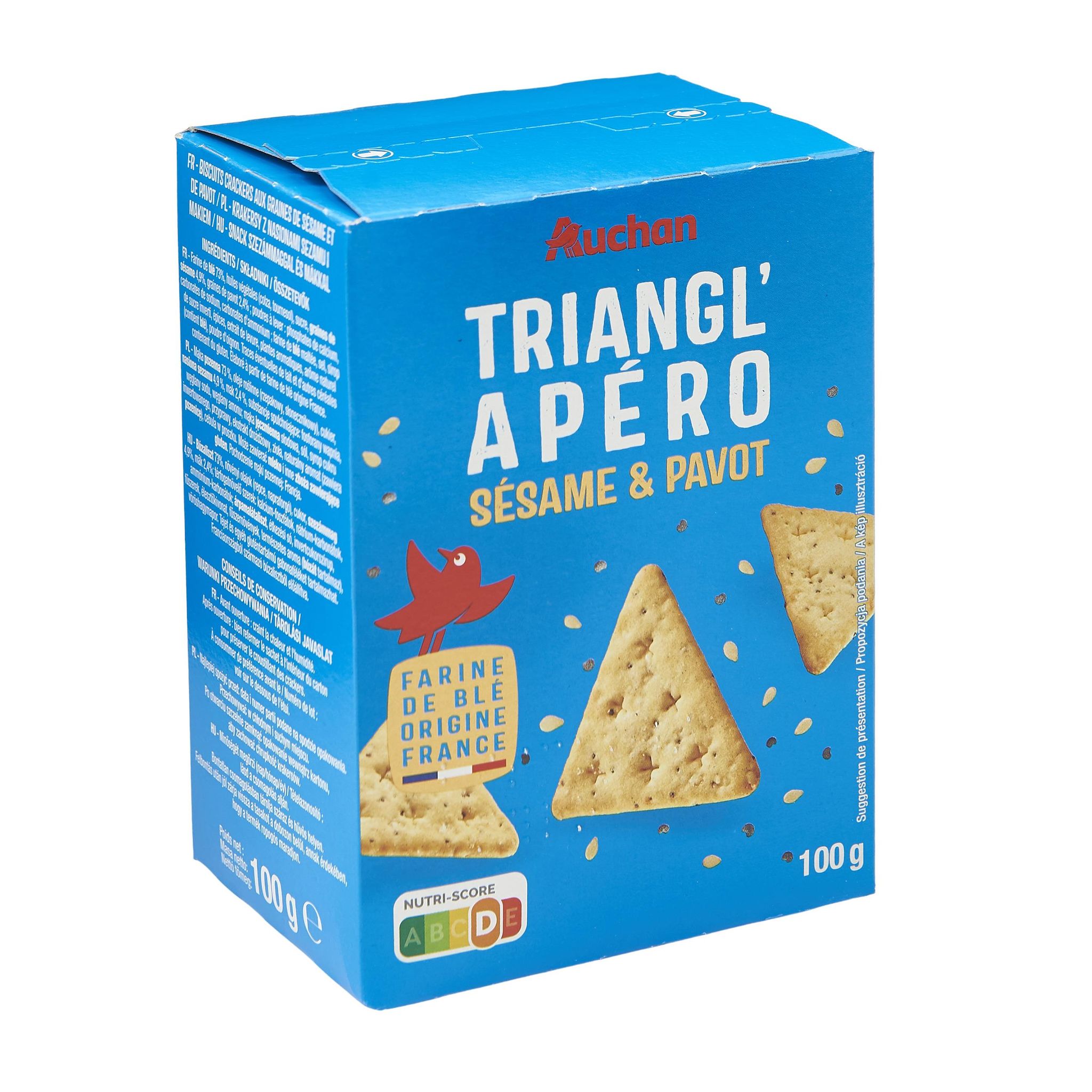 Voir la diapositive 2 : AUCHAN Biscuits salées sésame et pavot Triangl'apéro 100g