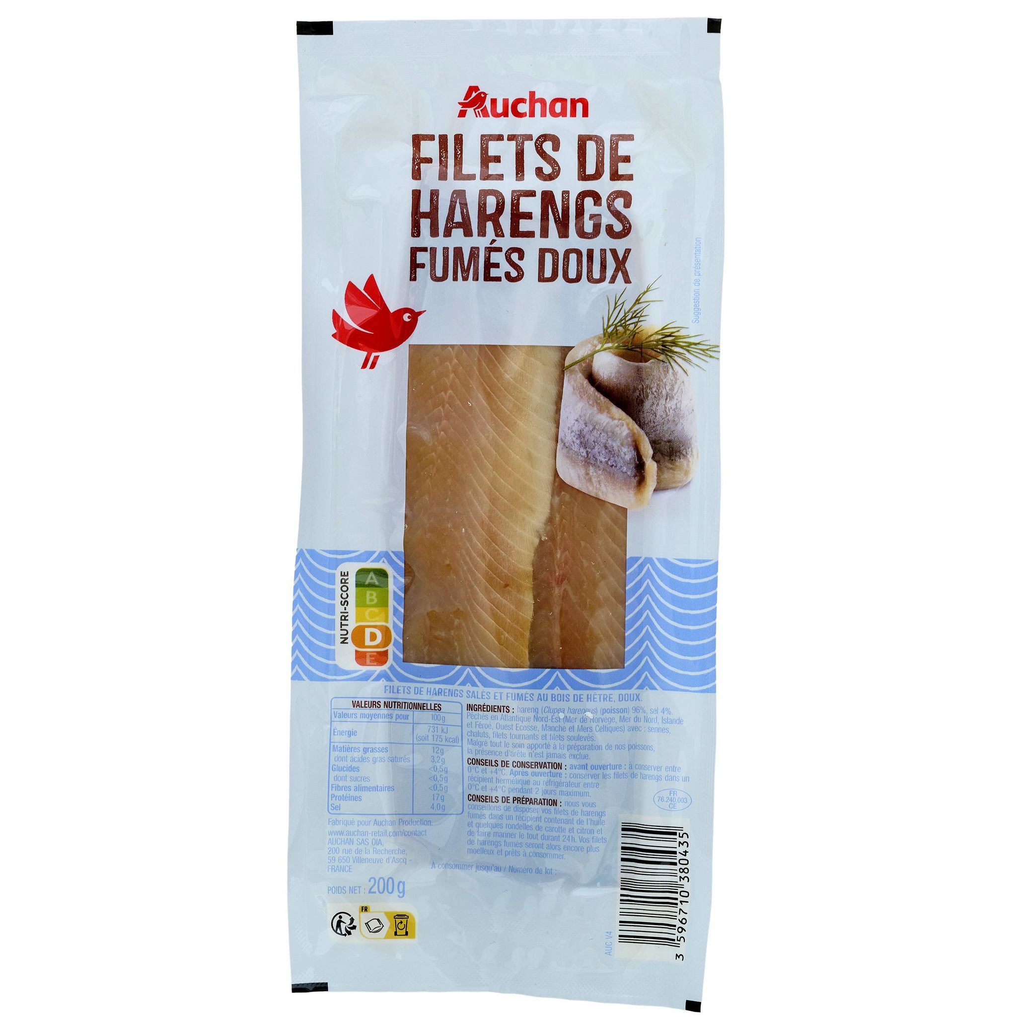 Voir la diapositive 2 : AUCHAN Filets de harengs fumés 4 parts 200g