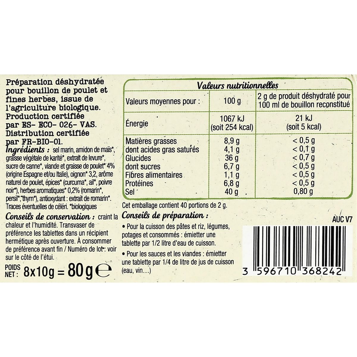 AUCHAN BIO Bouillon de poulet et fines herbes 8 tablettes 80g