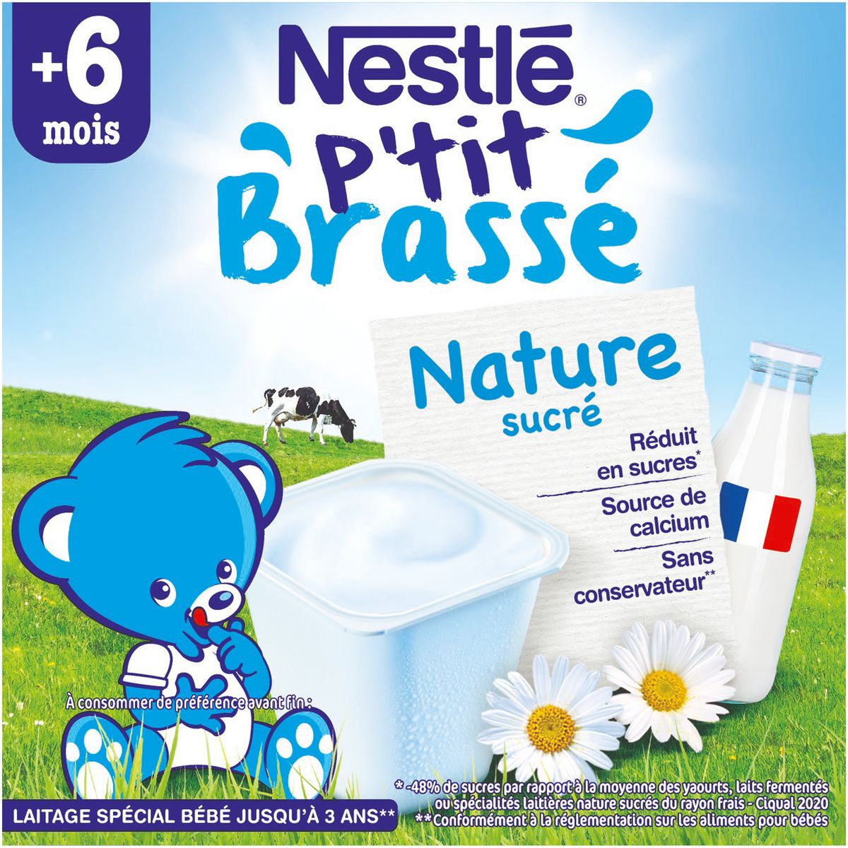 NESTLE P'tit brassé petit pot dessert lacté nature sucré dès 6 mois 4x100g