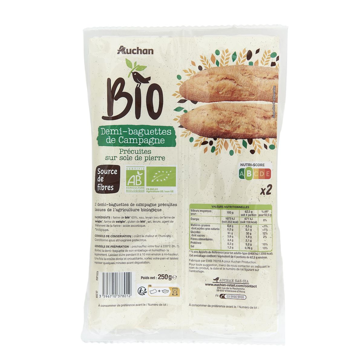 AUCHAN BIO Demi-baguettes de campagne précuites sur sole de pierre 2 pièces 250g