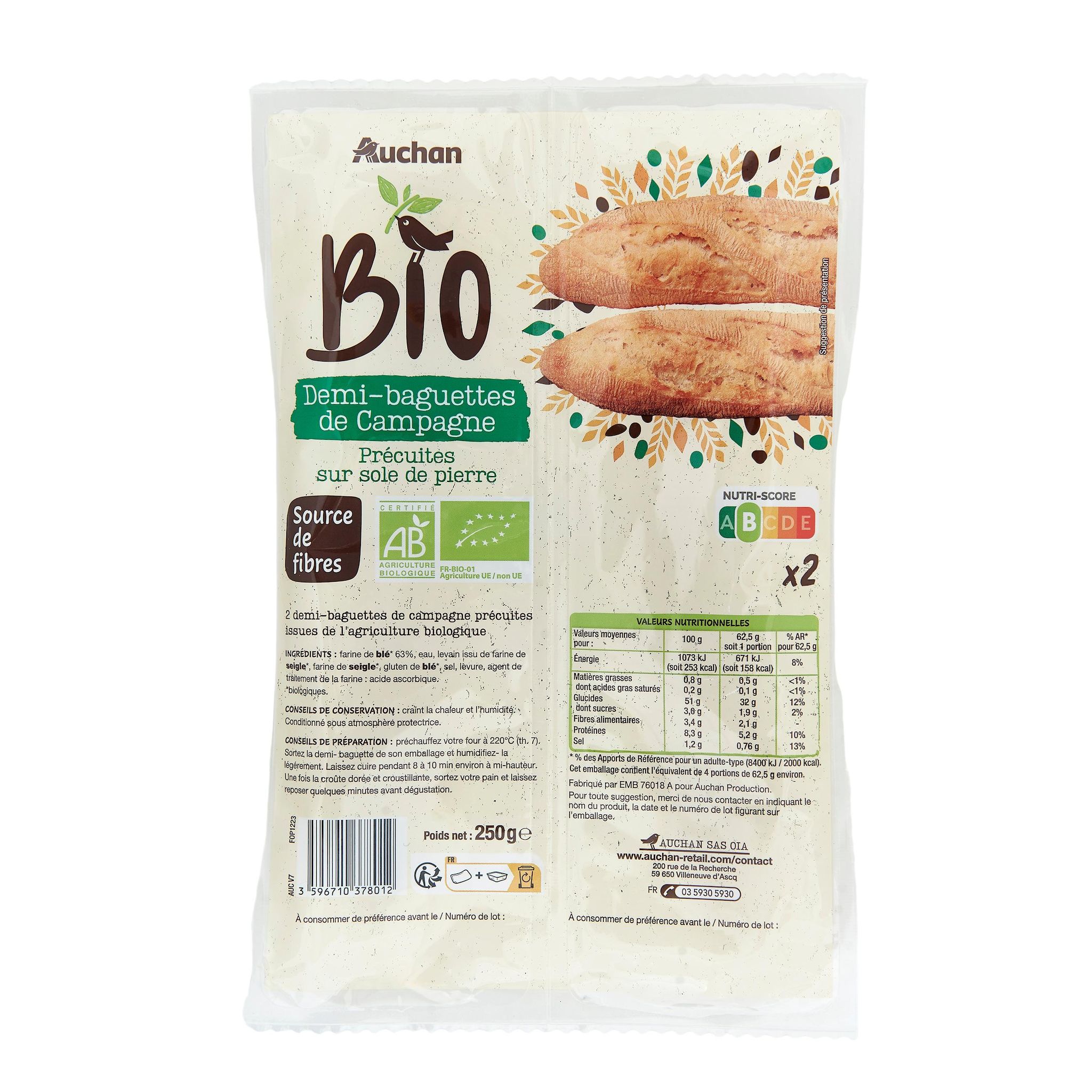 Voir la diapositive 2 : AUCHAN BIO Demi-baguettes de campagne précuites sur sole de pierre 2 pièces 250g
