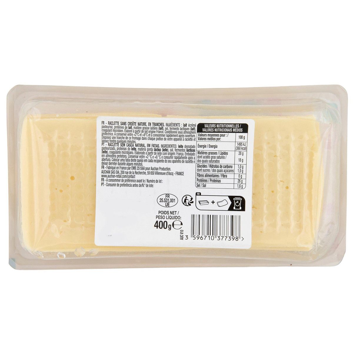 AUCHAN Fromage à raclette sans croûte 2/3 parts 400g