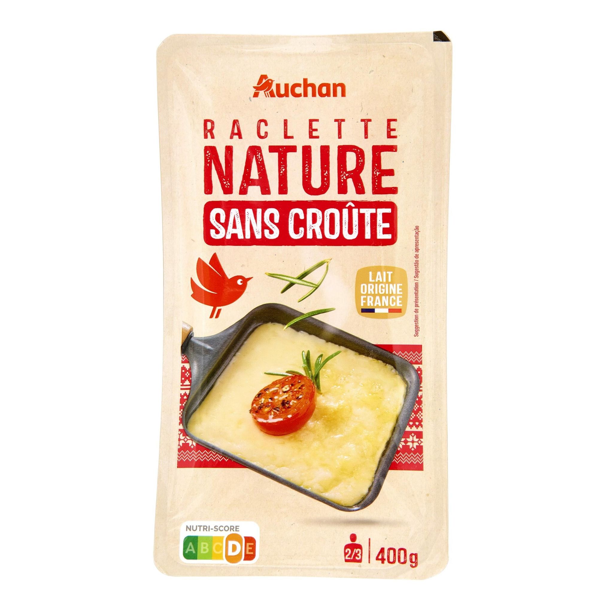 Voir la diapositive 2 : AUCHAN Fromage à raclette sans croûte 2/3 parts 400g