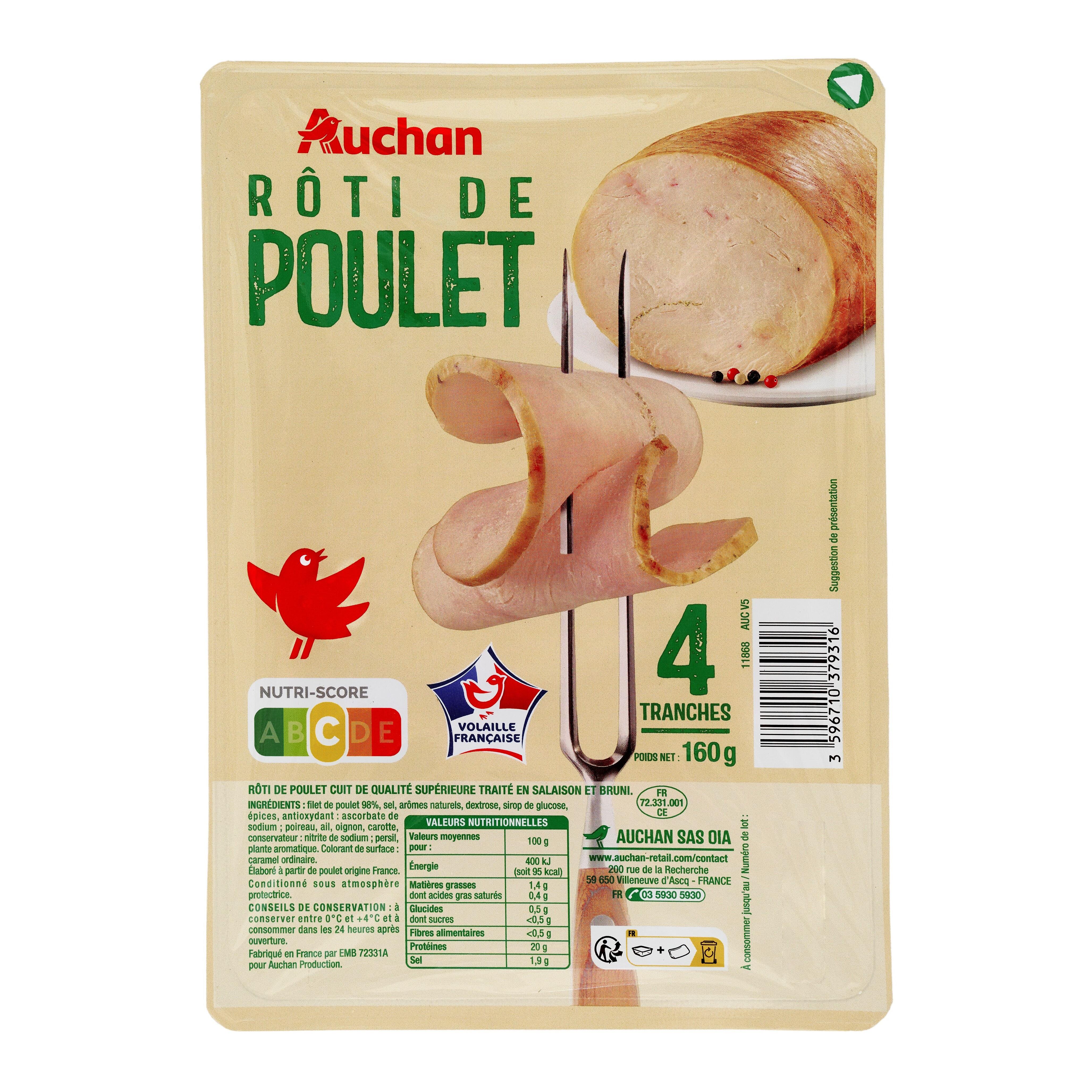Voir la diapositive 2 : AUCHAN Rôti de Poulet 4 tranches 160g