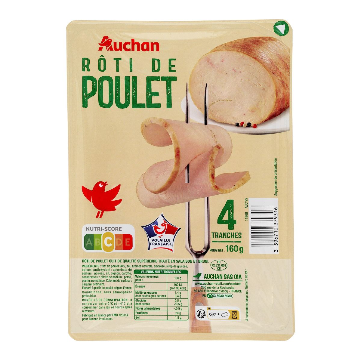 AUCHAN Rôti de Poulet 4 tranches 160g