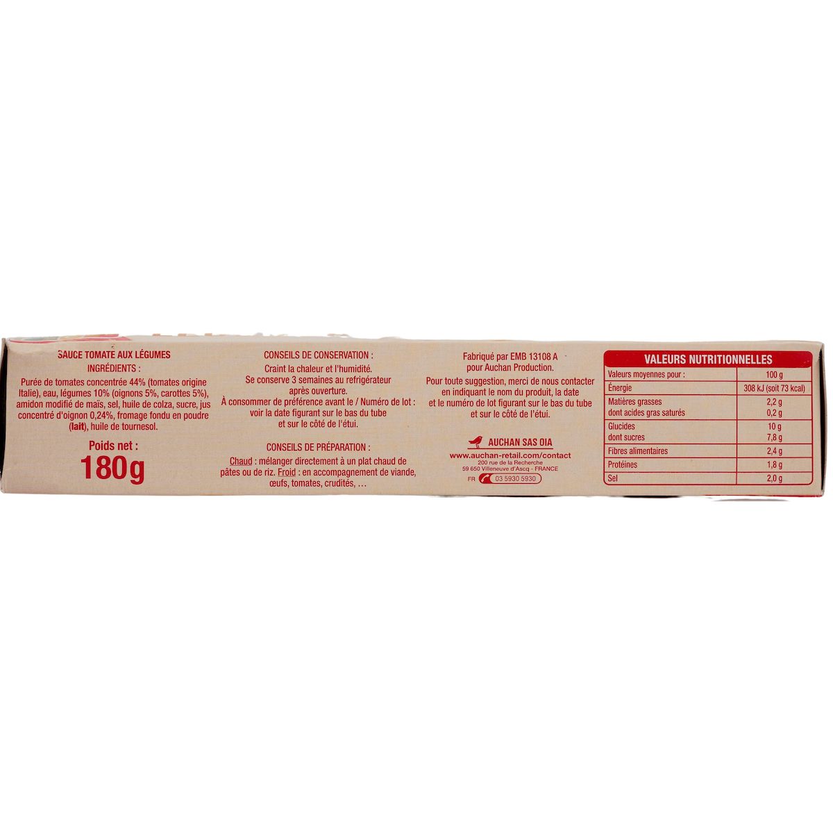 AUCHAN Sauce tomate aux petits légumes en tube 180g