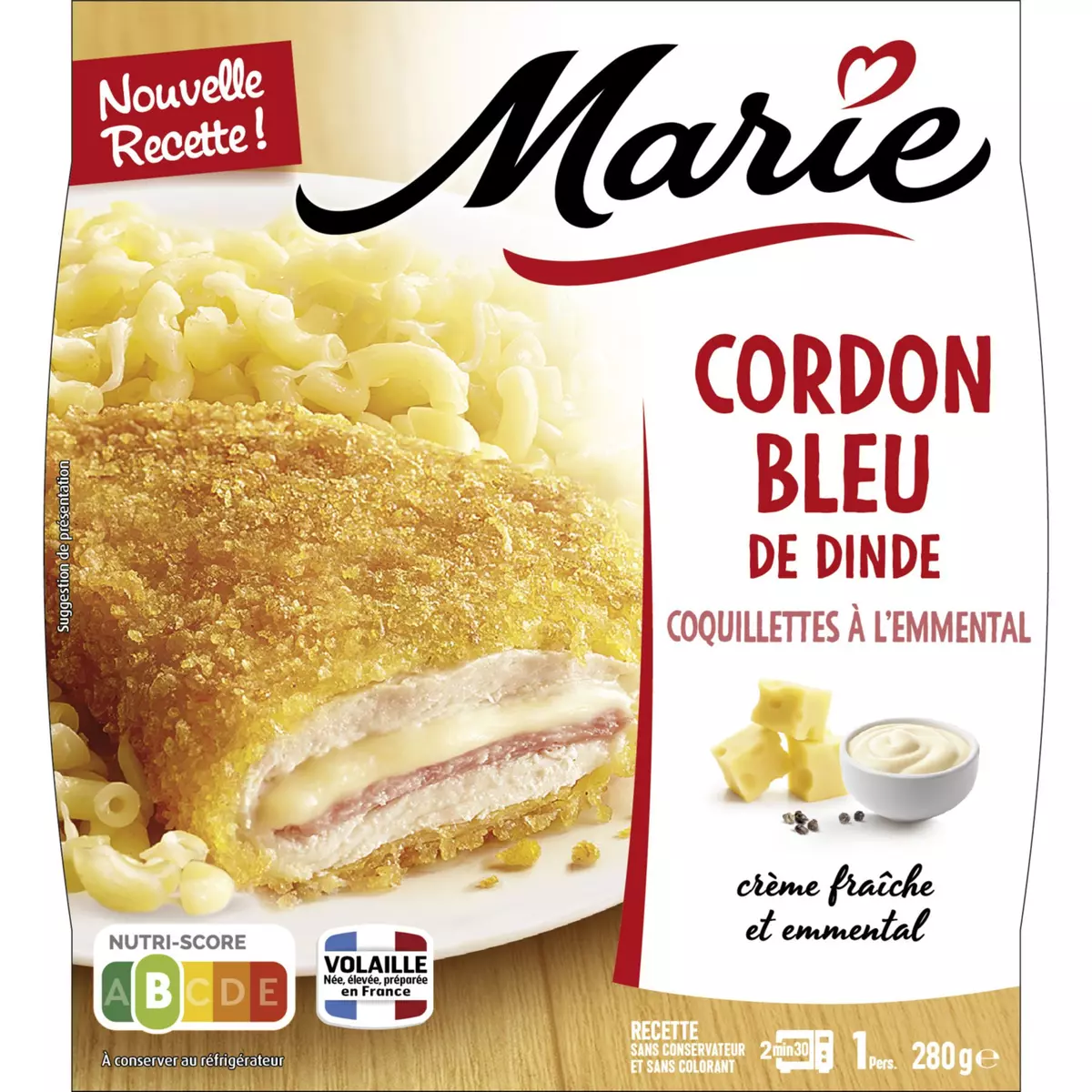 MARIE Cordon bleu de dinde et coquillettes au fromage sans couverts 1 portion 280g