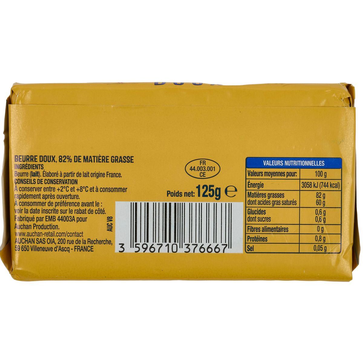 AUCHAN Beurre doux 125g