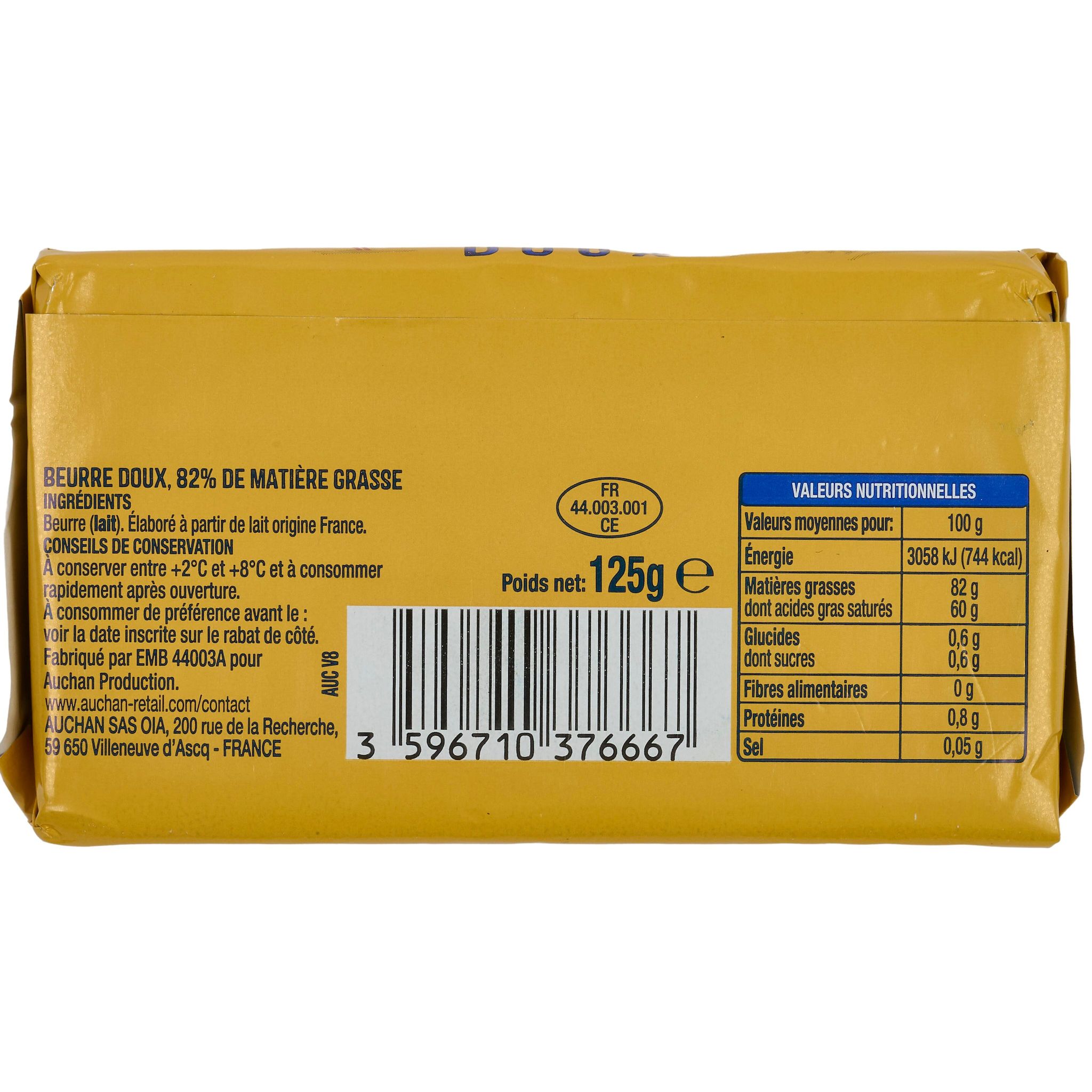 Voir la diapositive 3 : AUCHAN Beurre doux 82%MG 125g