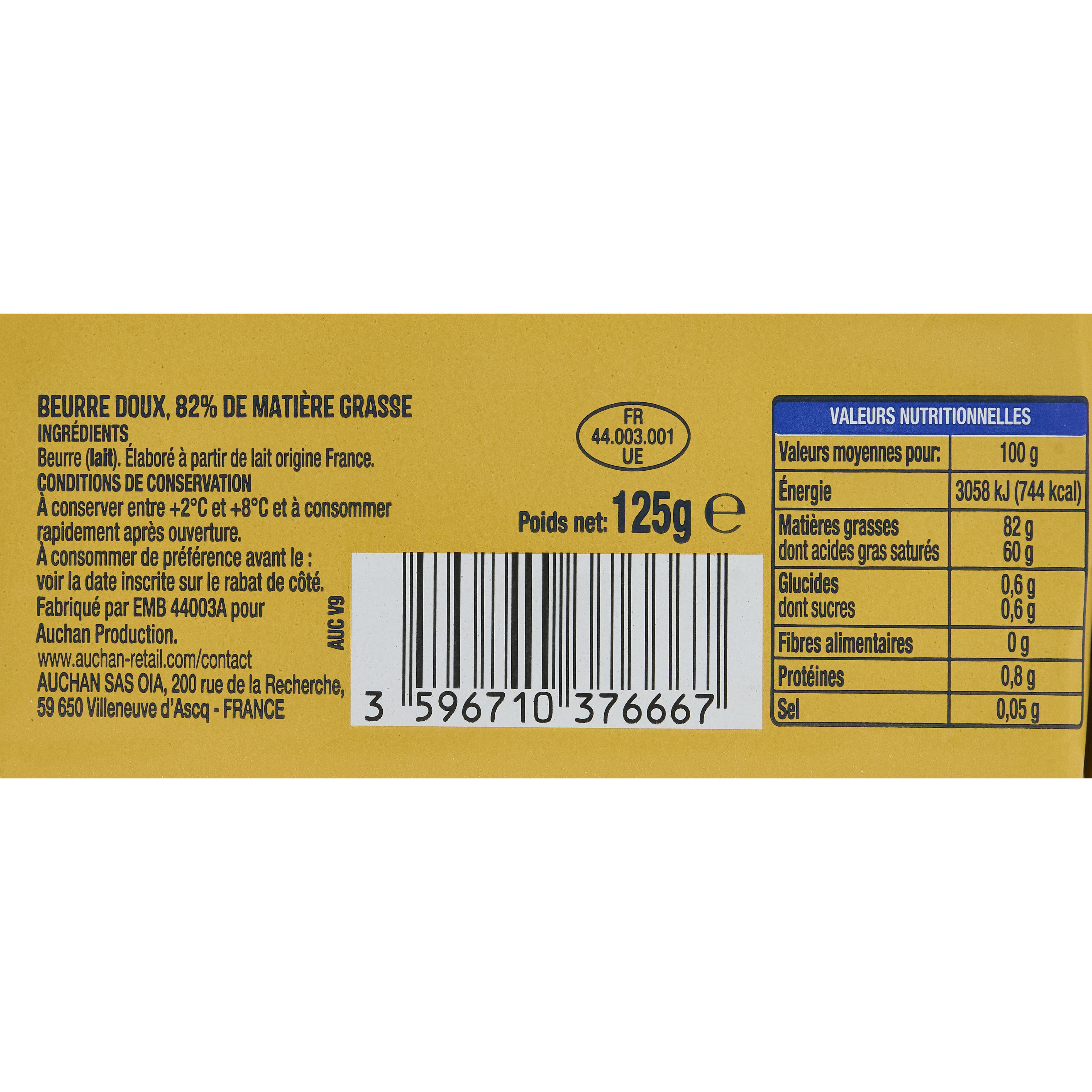 Voir la diapositive 4 : AUCHAN Beurre doux 82%MG 125g