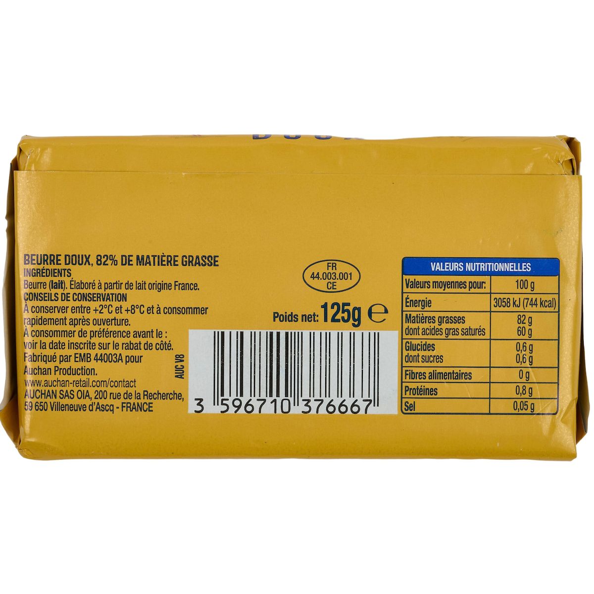 AUCHAN Beurre doux 125g