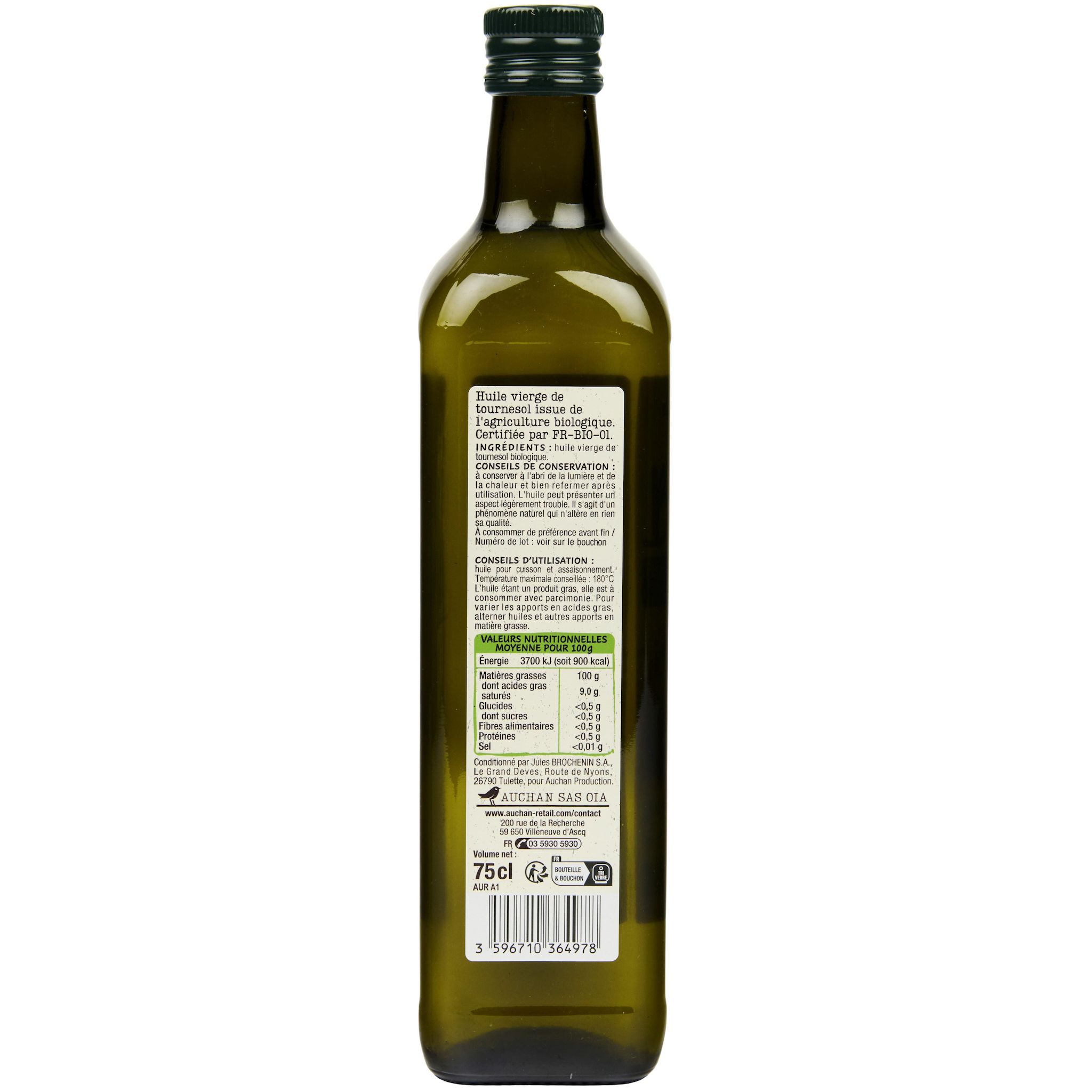 Voir la diapositive 2 : AUCHAN BIO Huile vierge de tournesol 75cl