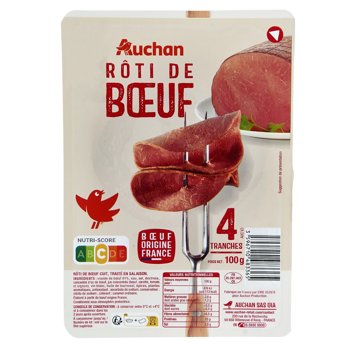 AUCHAN Rôti de Boeuf 4 tranches 100g