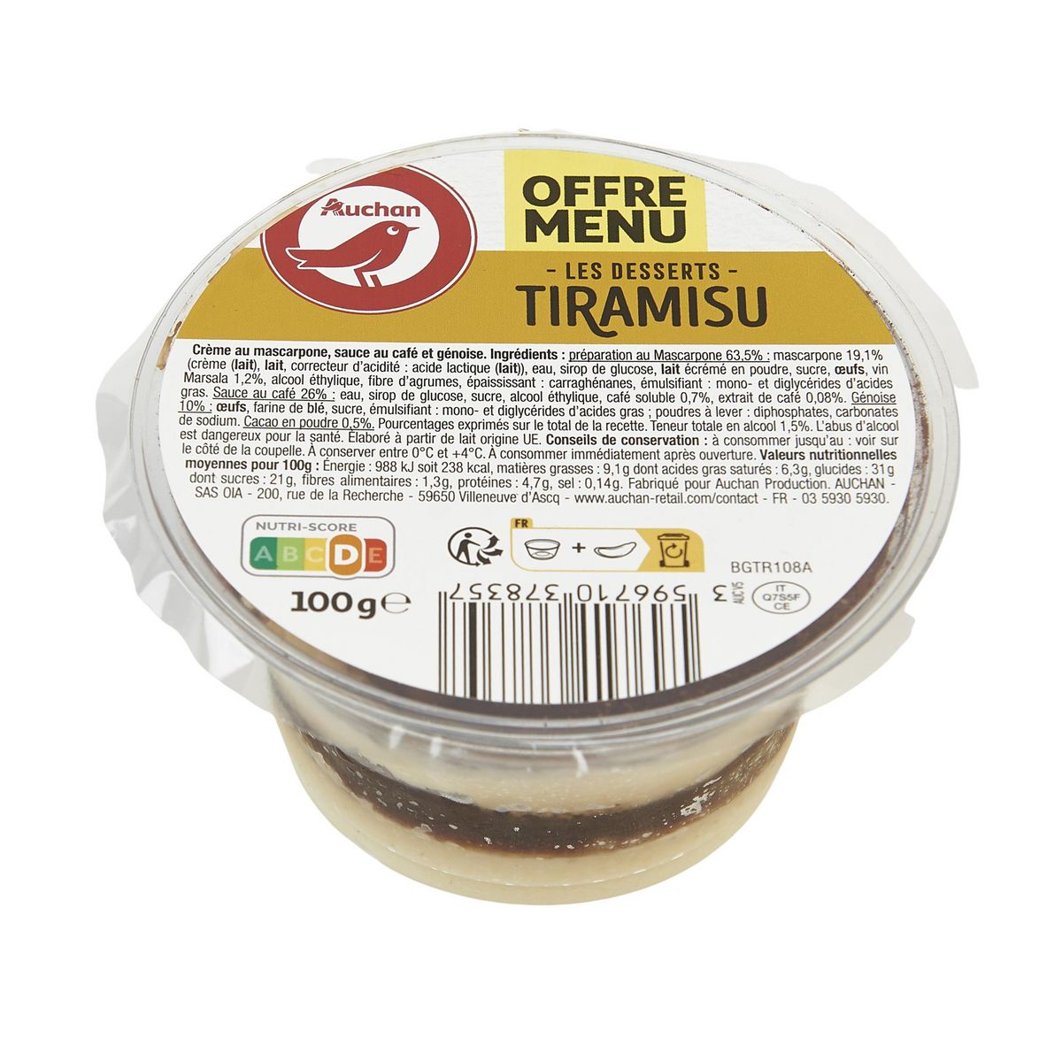 AUCHAN Les desserts tiramisu 100g