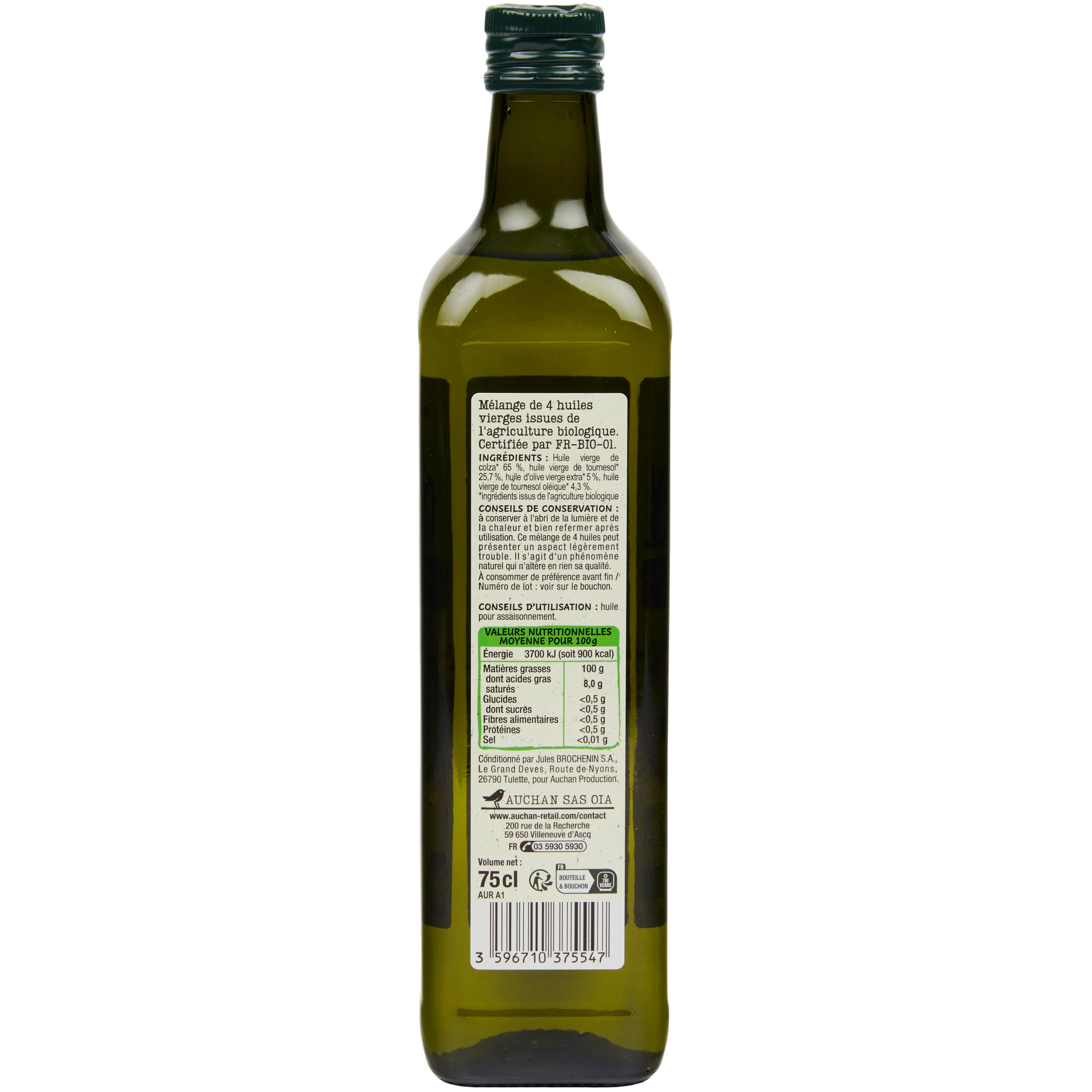 Voir la diapositive 2 : AUCHAN BIO Mélange de 4 huiles vierges végétales 75cl