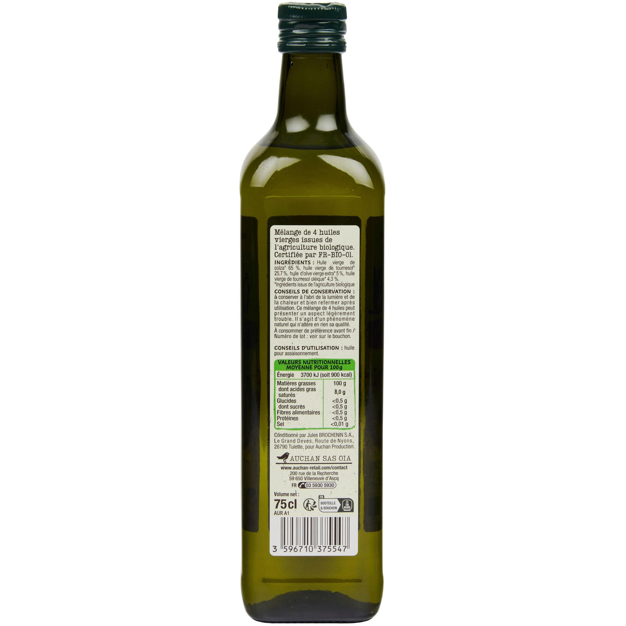 Voir la diapositive 3 : AUCHAN BIO Mélange de 4 huiles vierges végétales 75cl