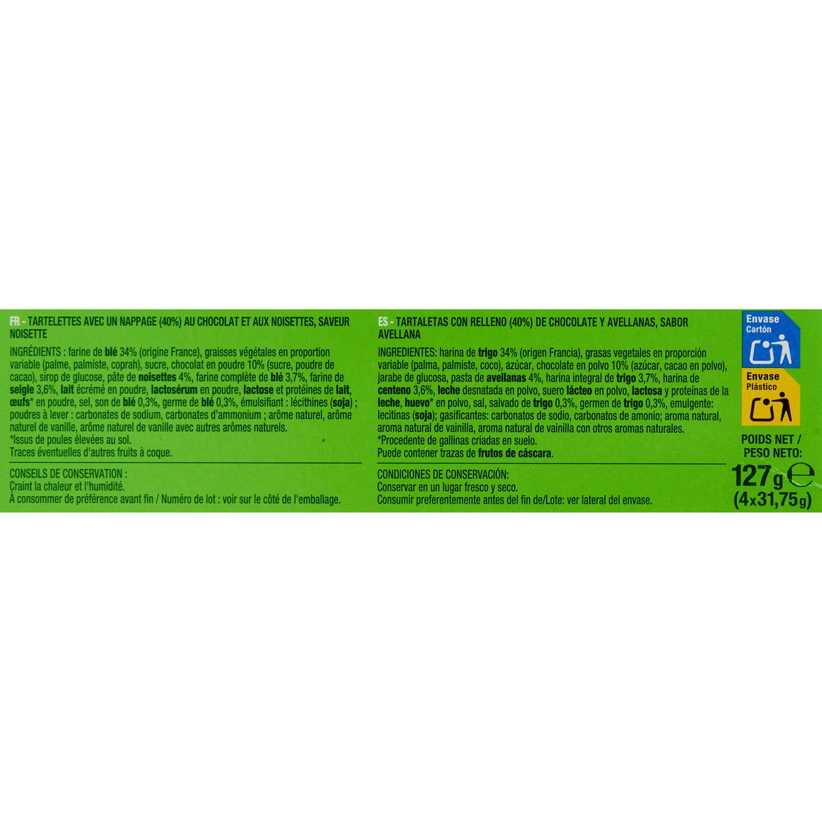 AUCHAN Tartelettes nappées chocolat noisette sachets fraîcheur 4x2 biscuits 127g