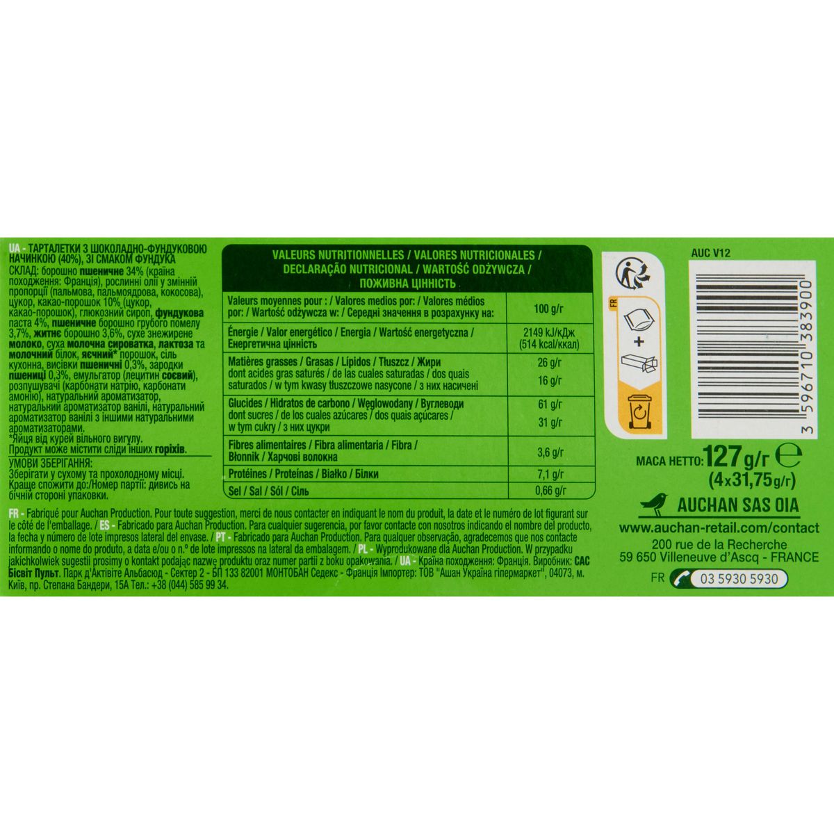 AUCHAN Tartelettes nappées chocolat noisette sachets fraîcheur 4x2 biscuits 127g