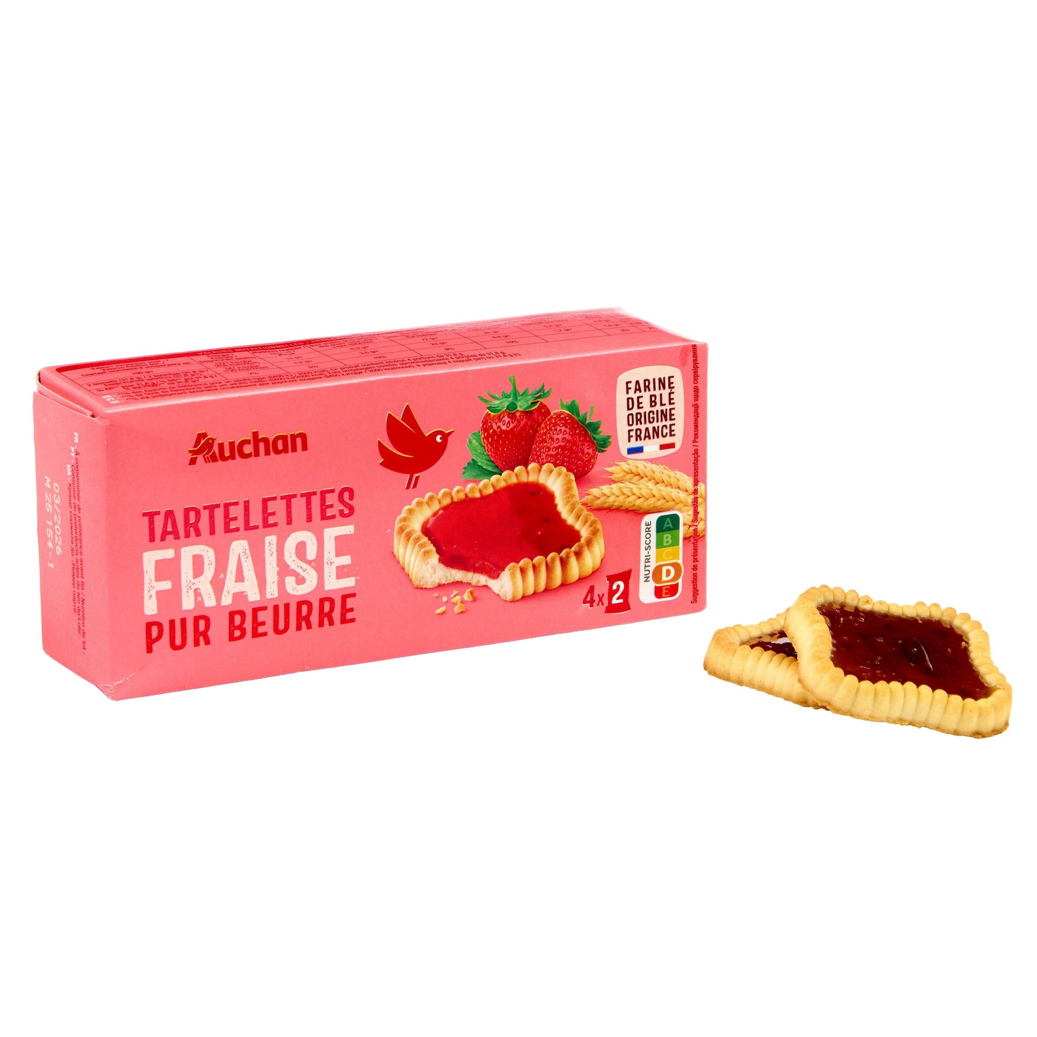Voir la diapositive 4 : AUCHAN Tartelettes carrées fraise sachets fraîcheur 4x2 biscuits 127g