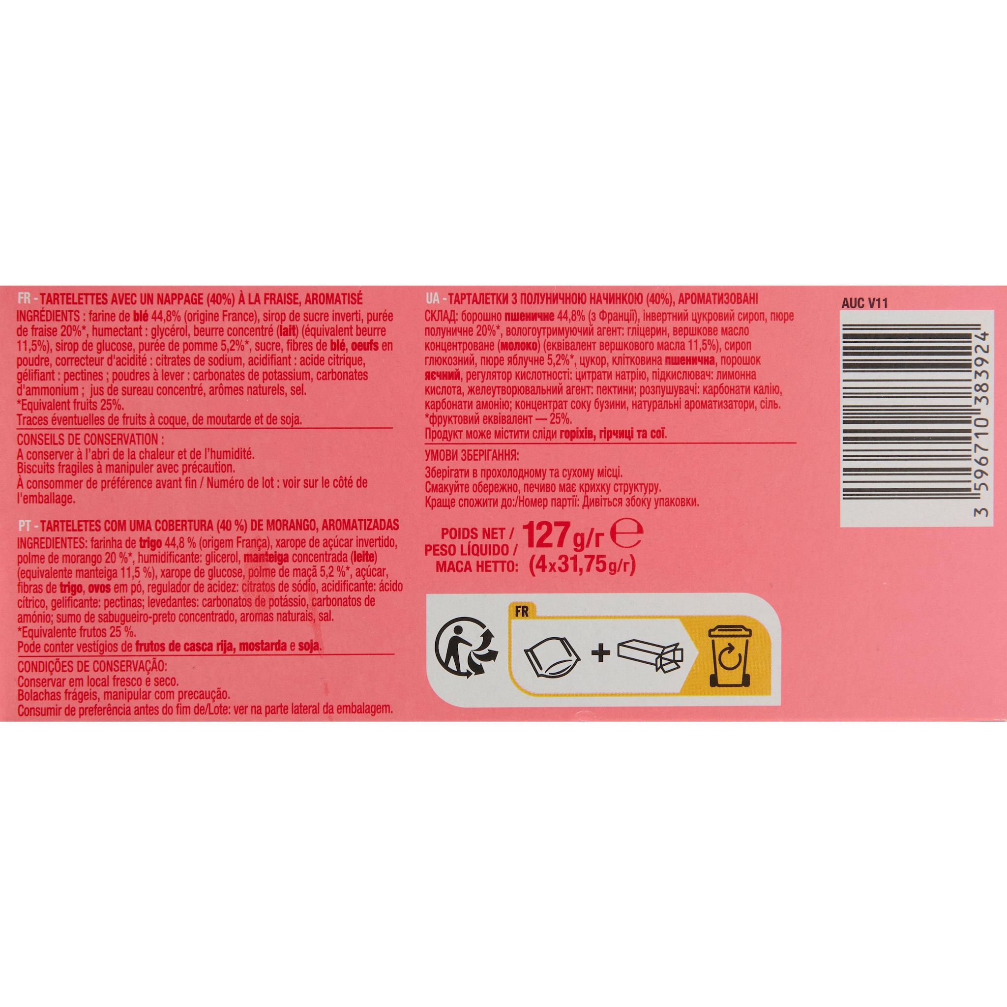 Voir la diapositive 6 : AUCHAN Tartelettes carrées fraise sachets fraîcheur 4x2 biscuits 127g