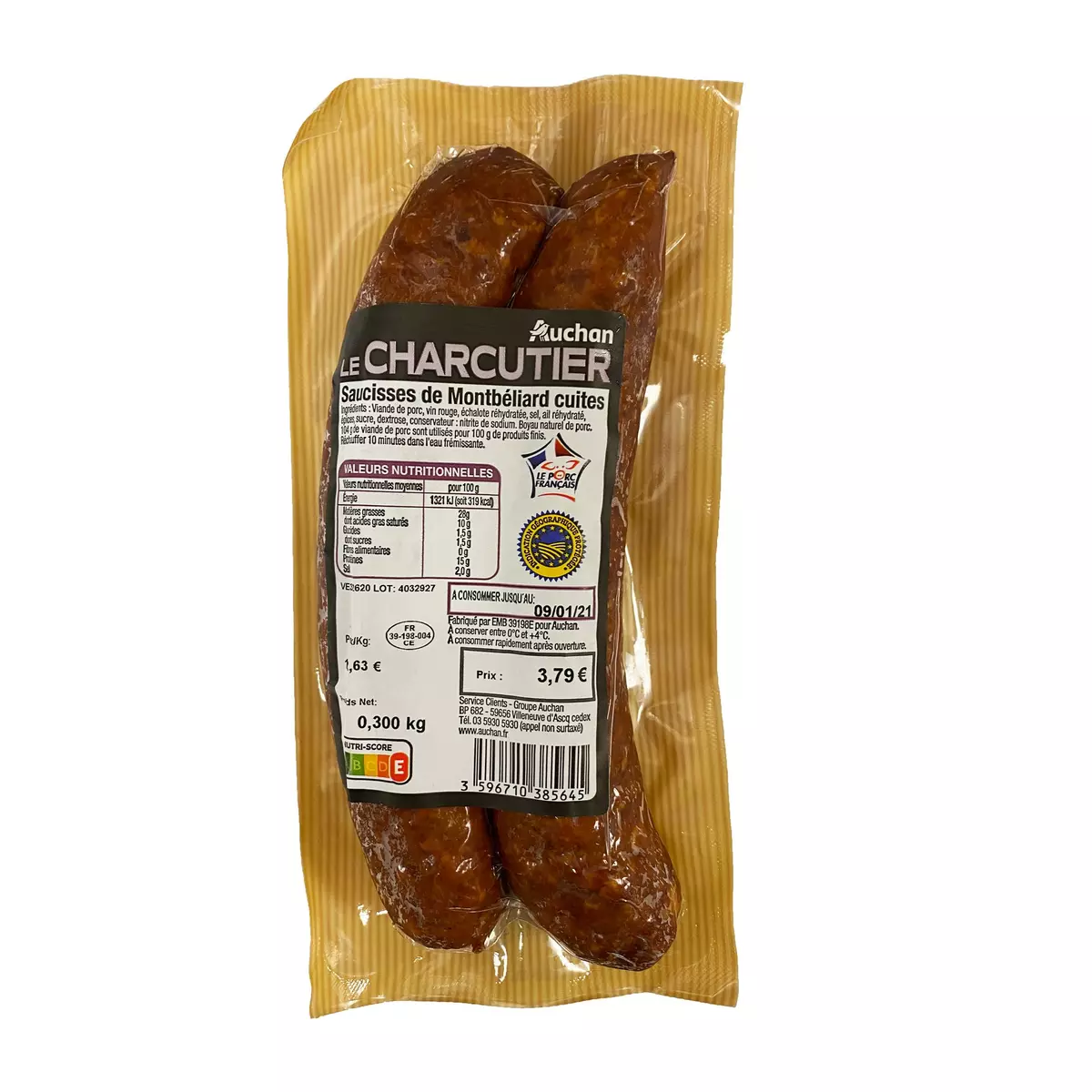 AUCHAN LE CHARCUTIER Saucisses de Montbéliard cuites IGP 2 pièces 300g