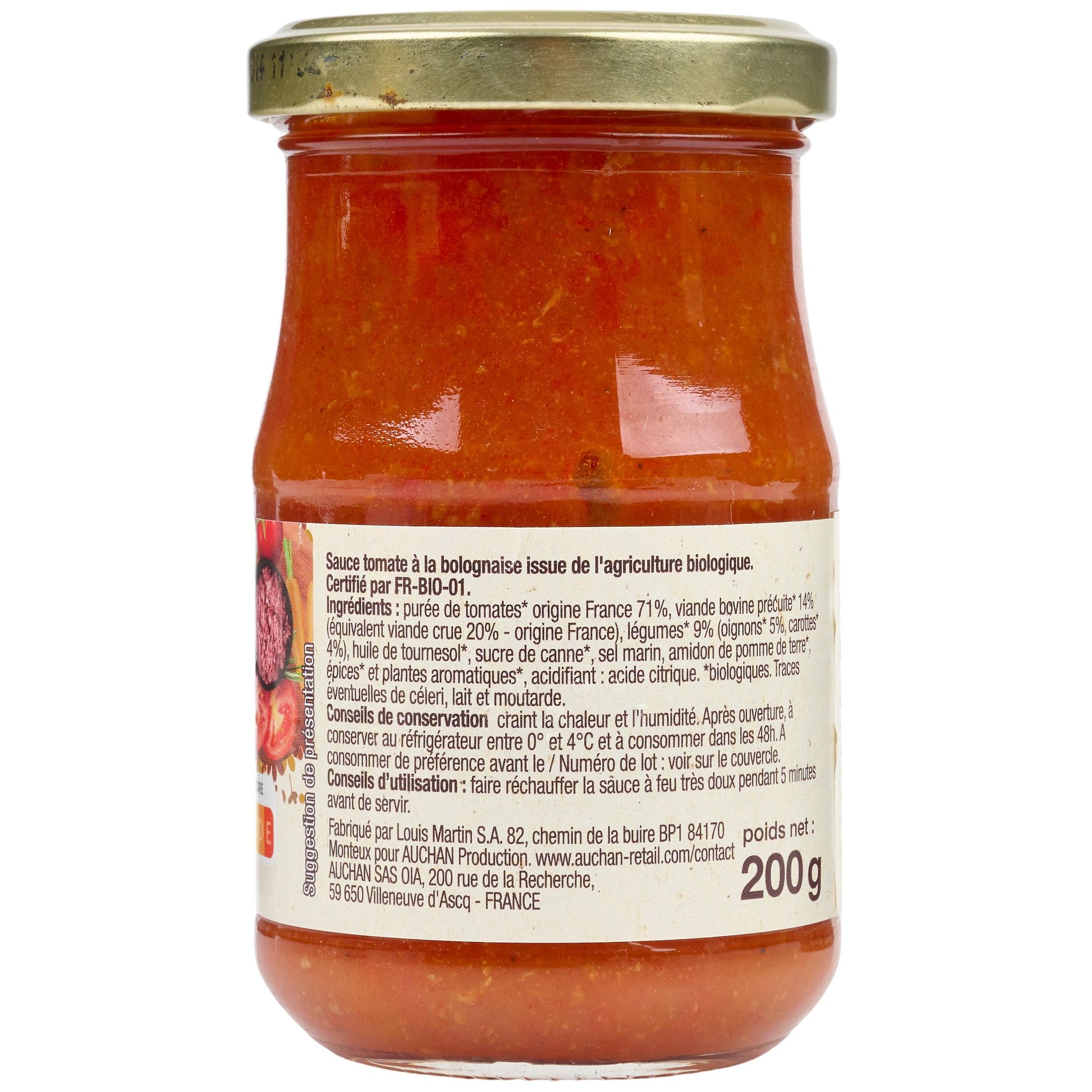 Voir la diapositive 2 : AUCHAN BIO Sauce tomate bolognaise en bocal 200g