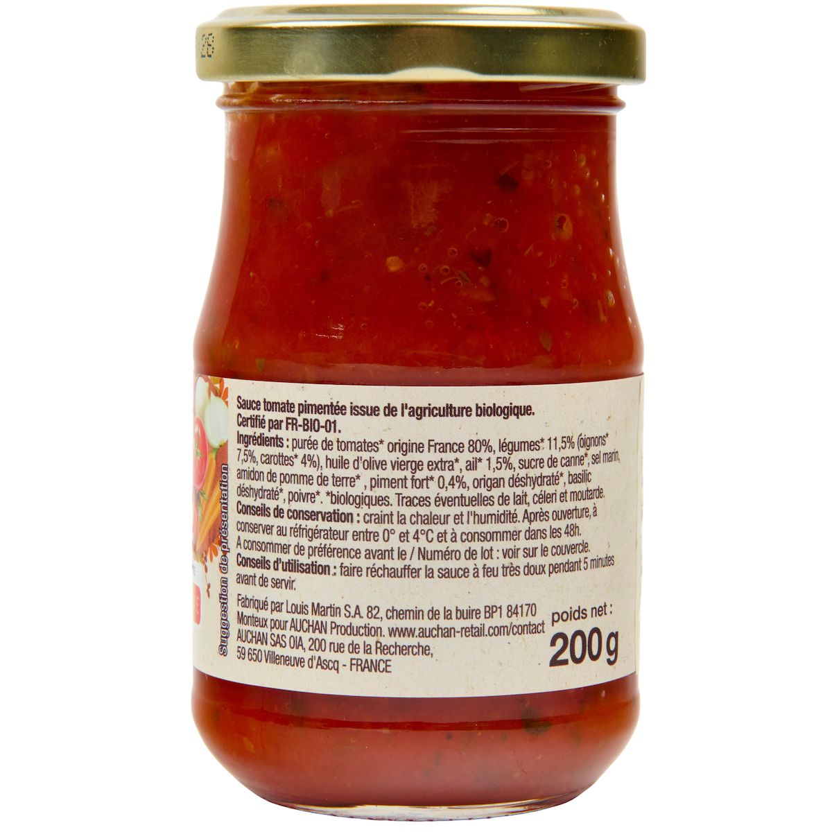 AUCHAN BIO Sauce tomate arrabiata, en bocal 200g