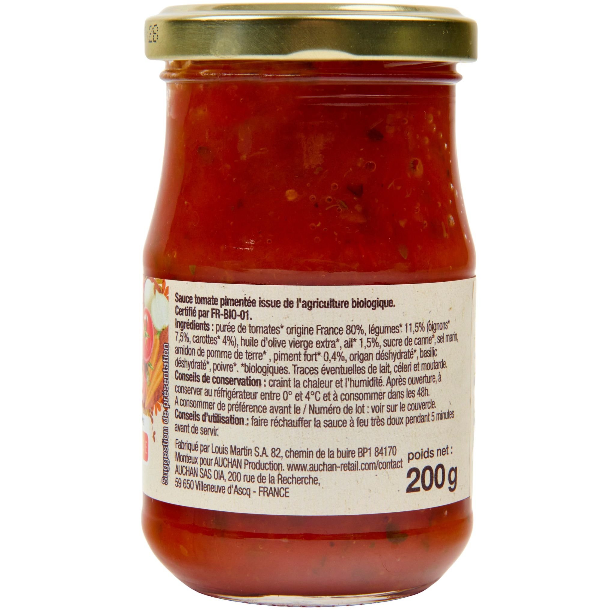 Voir la diapositive 4 : AUCHAN BIO Sauce tomate arrabiata, en bocal 200g