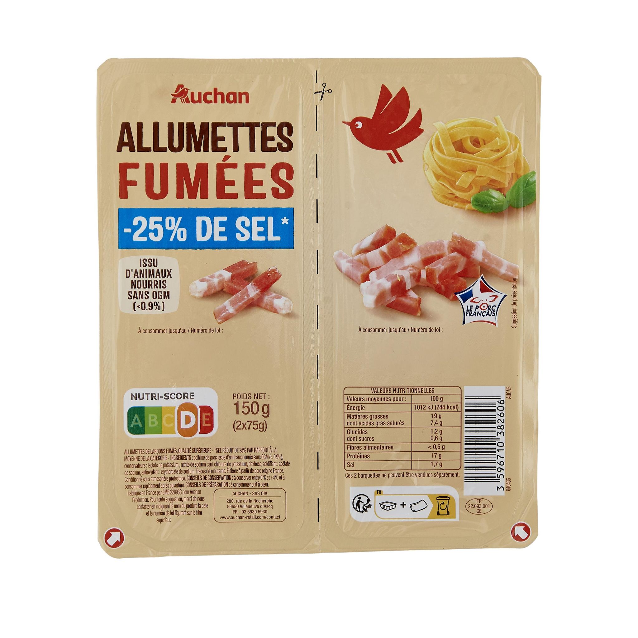 Voir la diapositive 2 : AUCHAN Allumettes fumées réduit en sel 2x75g