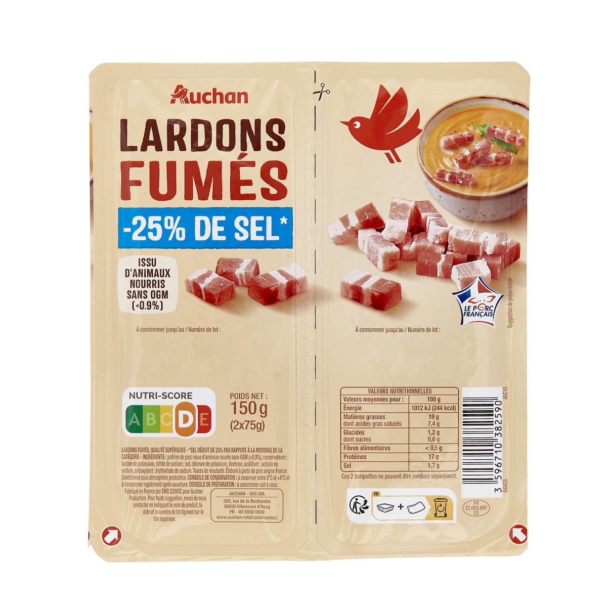 AUCHAN Lardons fumés réduit en sel 2x75g