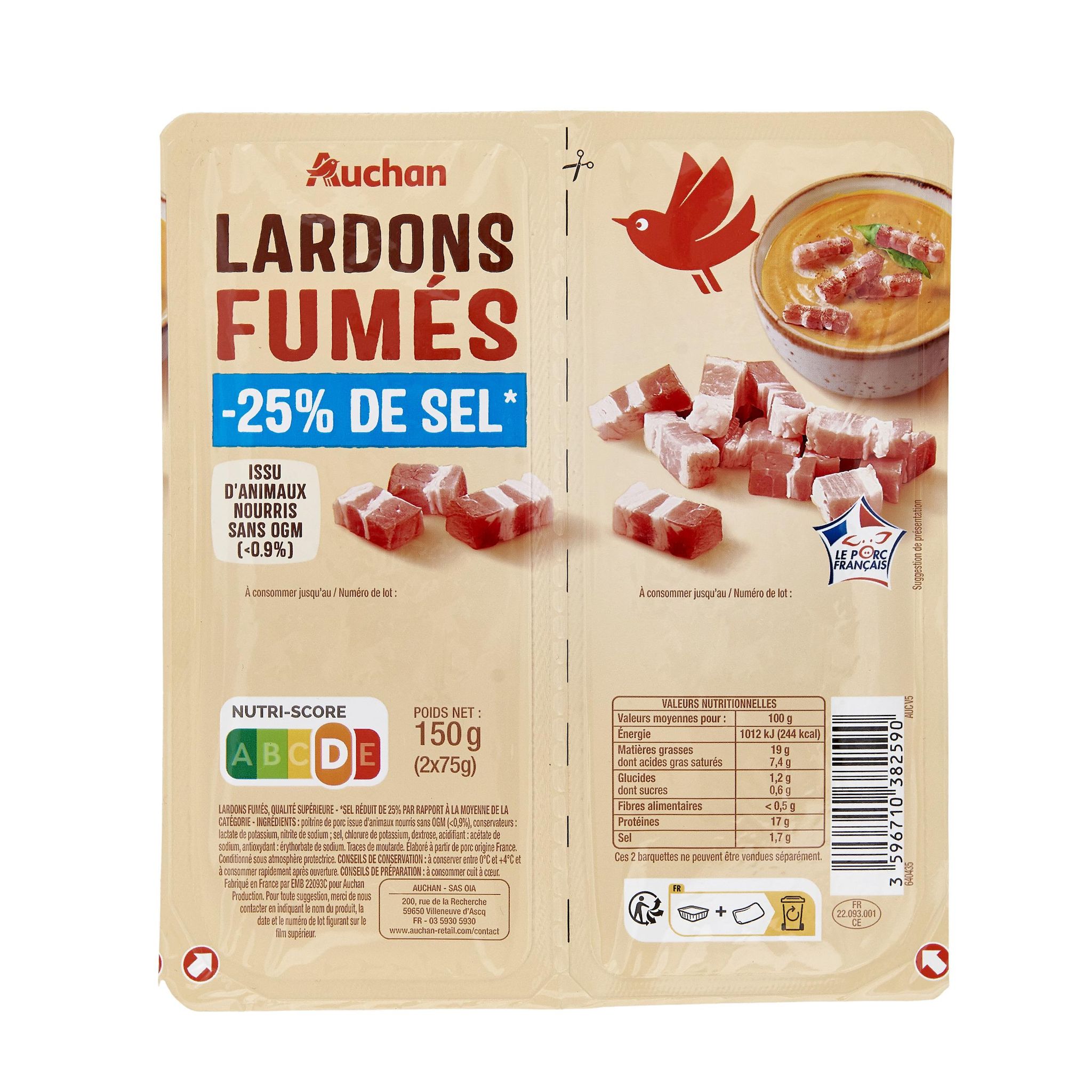 Voir la diapositive 2 : AUCHAN Lardons fumés réduit en sel 2x75g