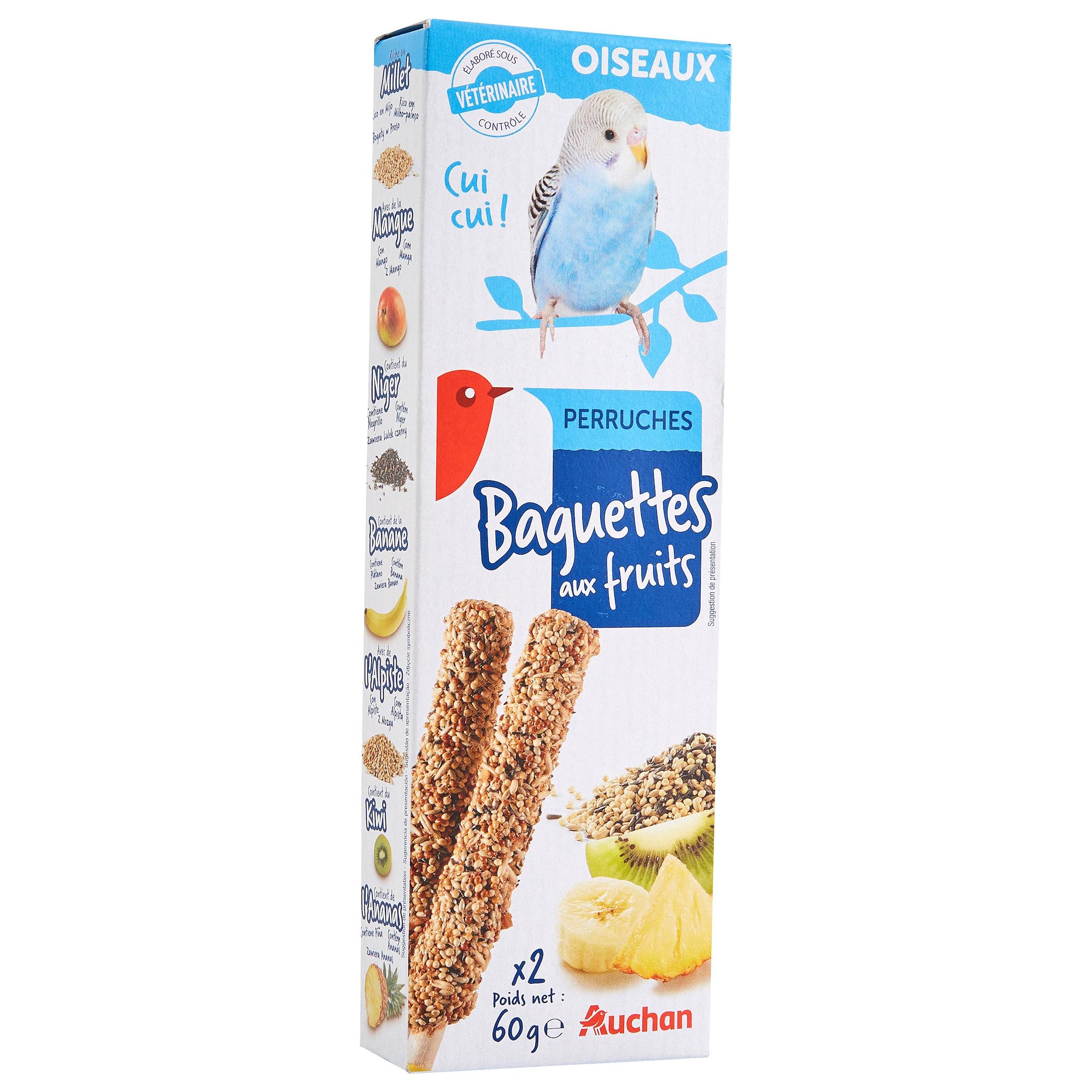 Voir la diapositive 2 : AUCHAN Baguettes aux fruits pour perruches 2 pièces 60g