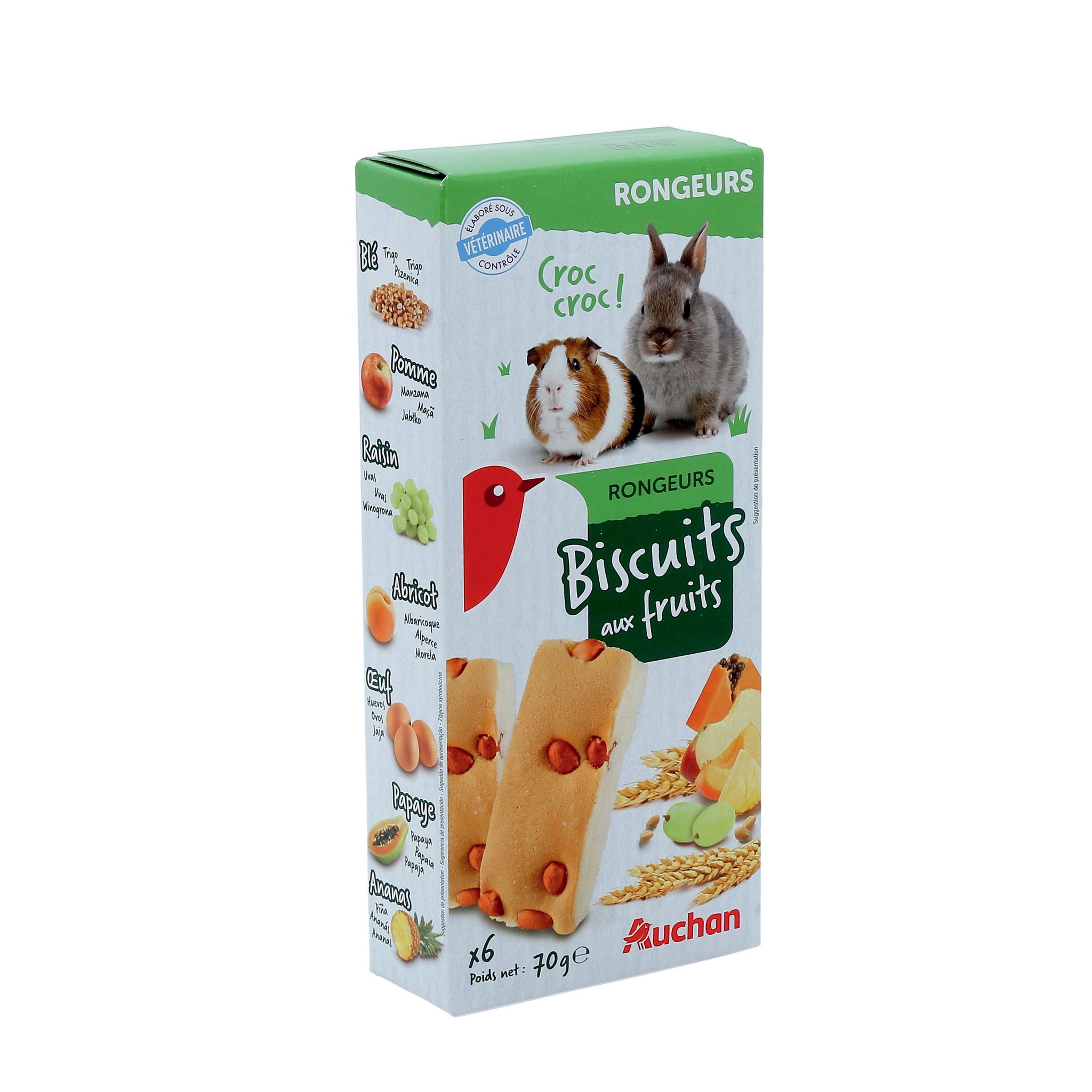Voir la diapositive 2 : AUCHAN Biscuits aux fruits pour rongeurs 6 pièces 70g